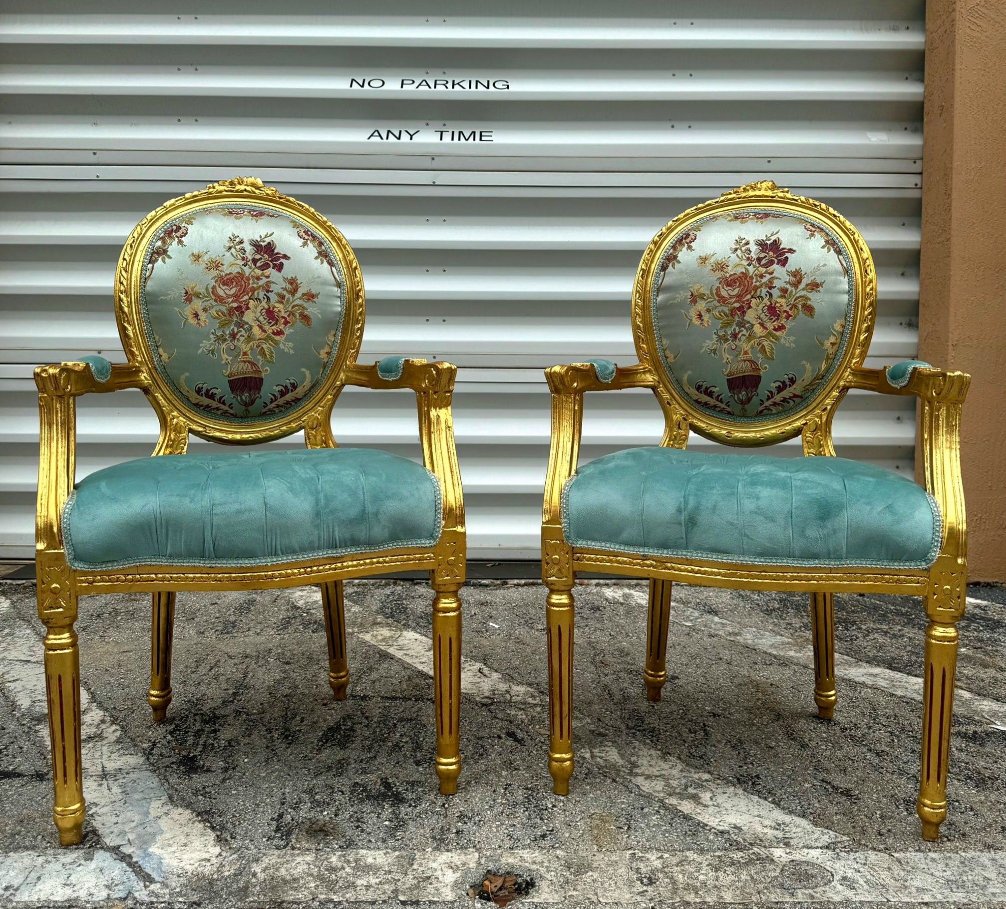 French Style Sky Blue Velvet Chair with Gold Details Rococo Baroque