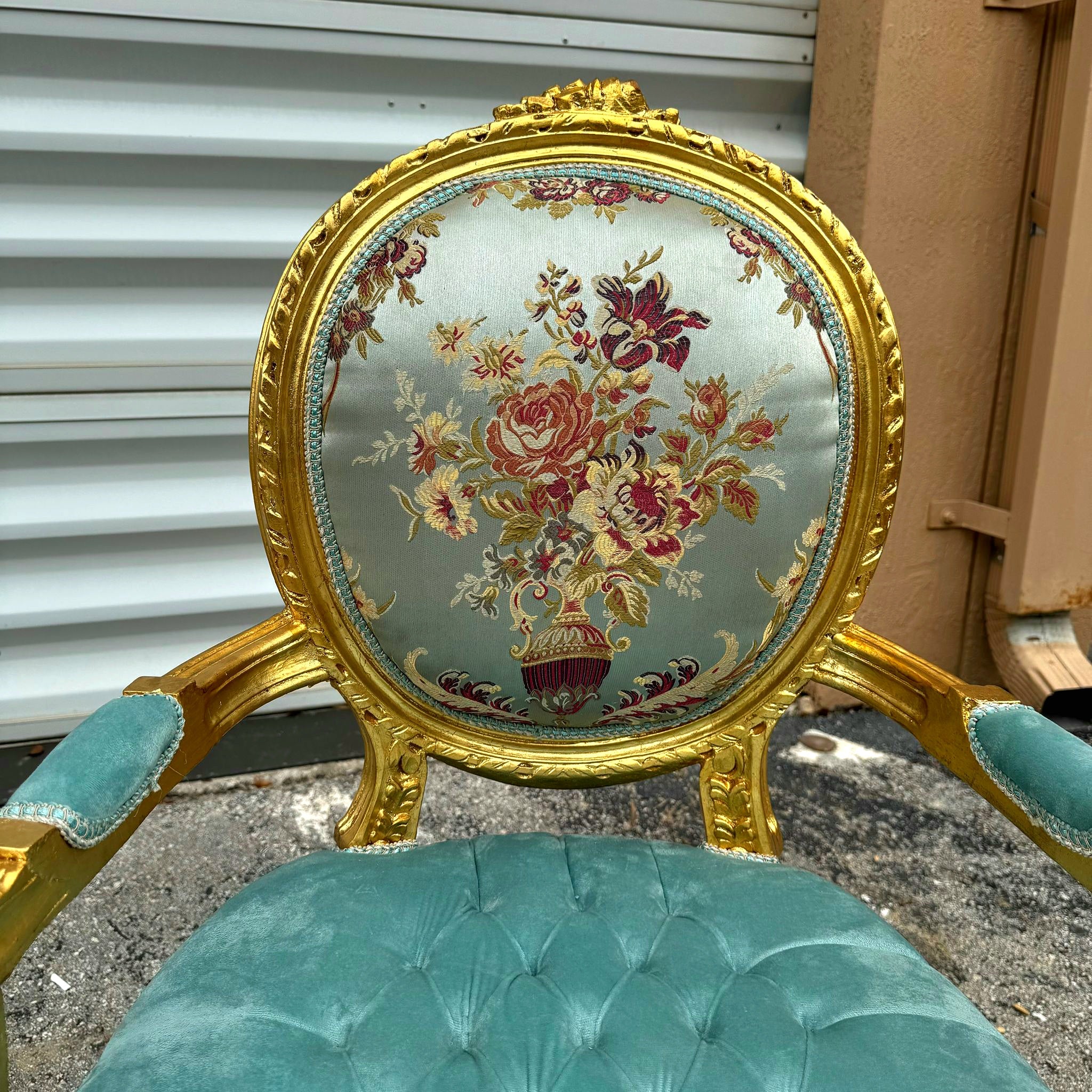 French Style Sky Blue Velvet Chair with Gold Details Rococo Baroque