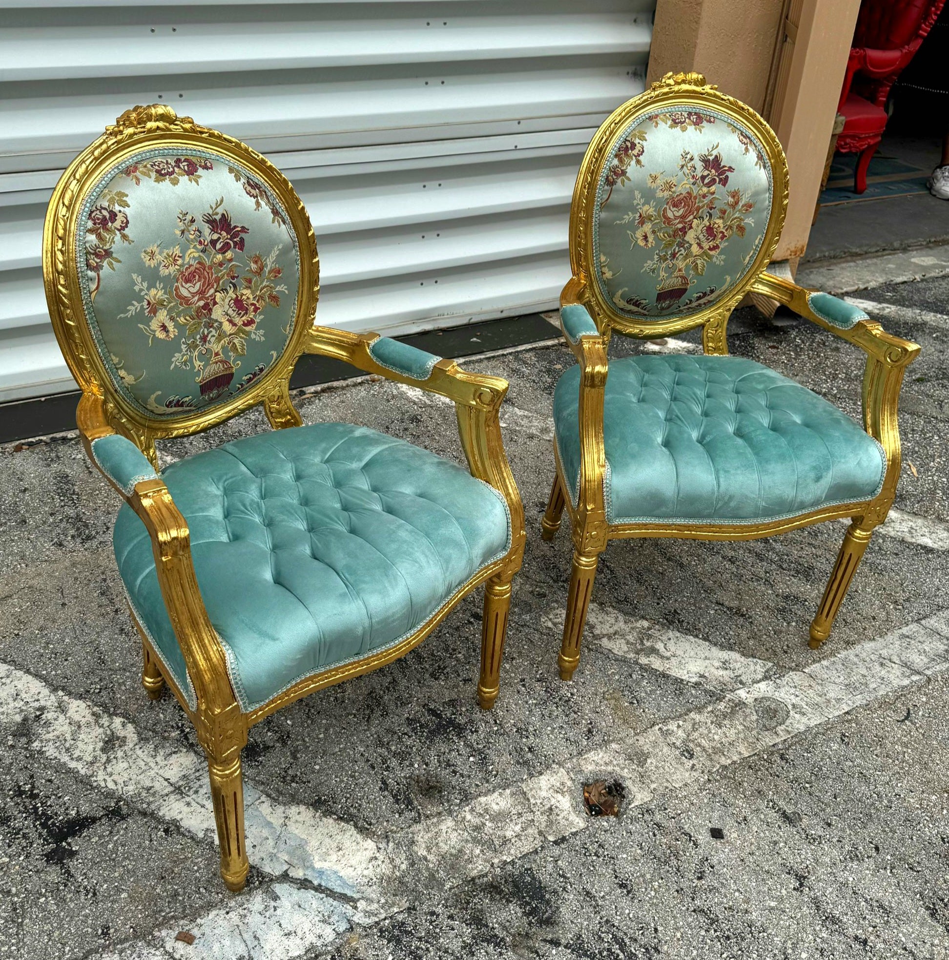 French Style Sky Blue Velvet Chair with Gold Details Rococo Baroque
