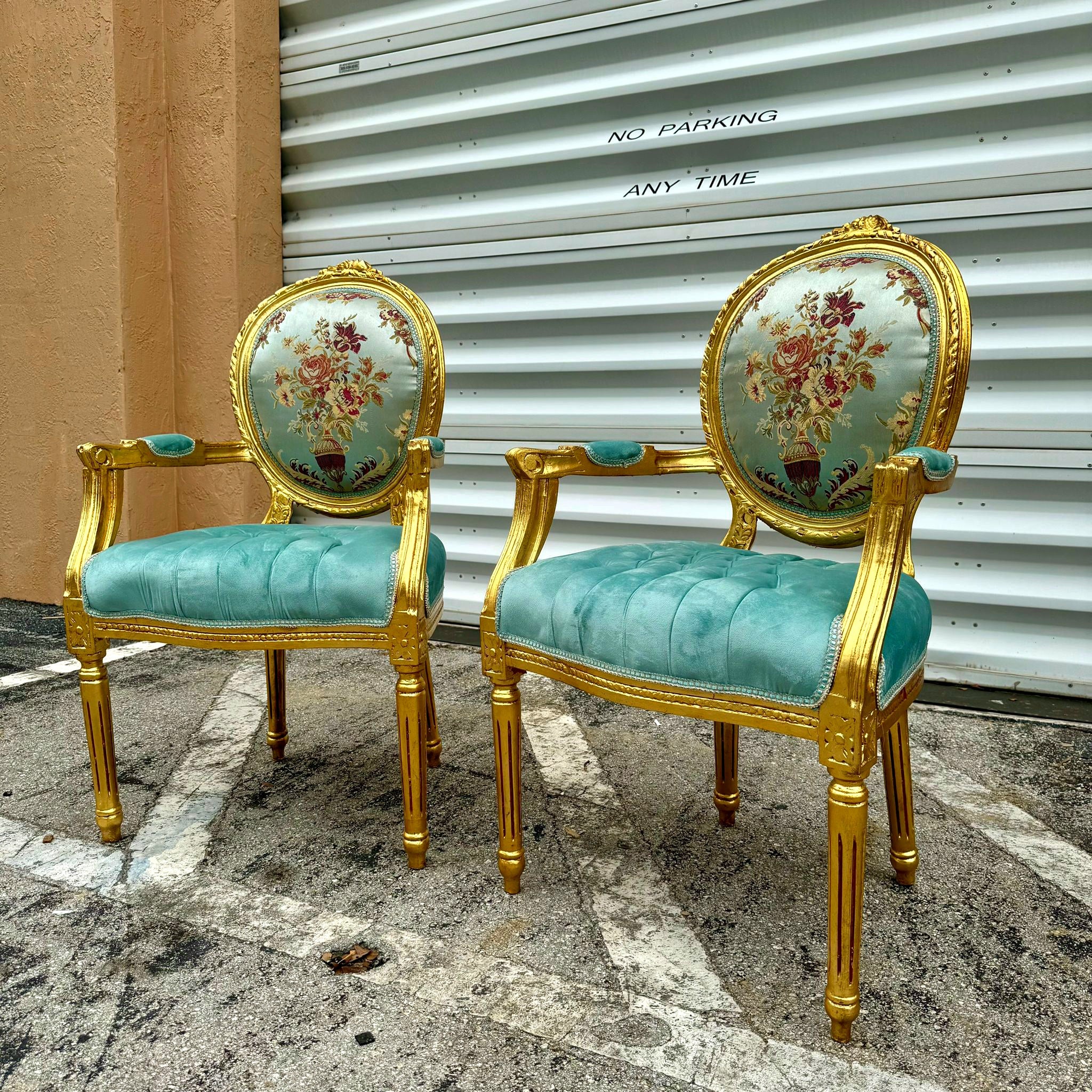 French Style Sky Blue Velvet Chair with Gold Details Rococo Baroque