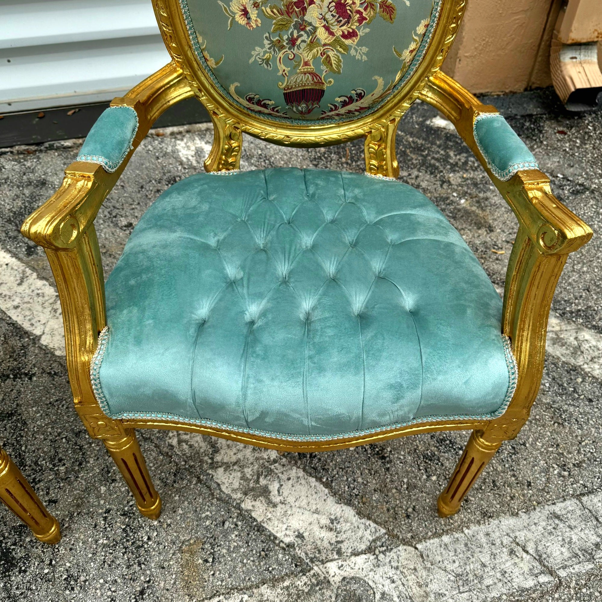 French Style Sky Blue Velvet Chair with Gold Details Rococo Baroque