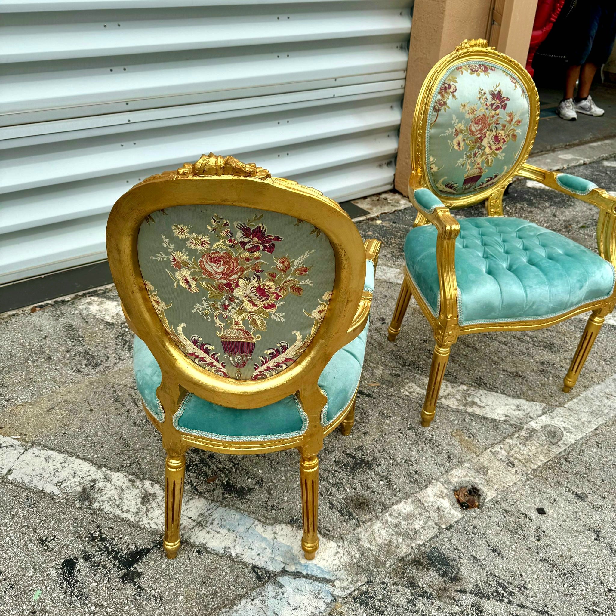French Style Sky Blue Velvet Chair with Gold Details Rococo Baroque