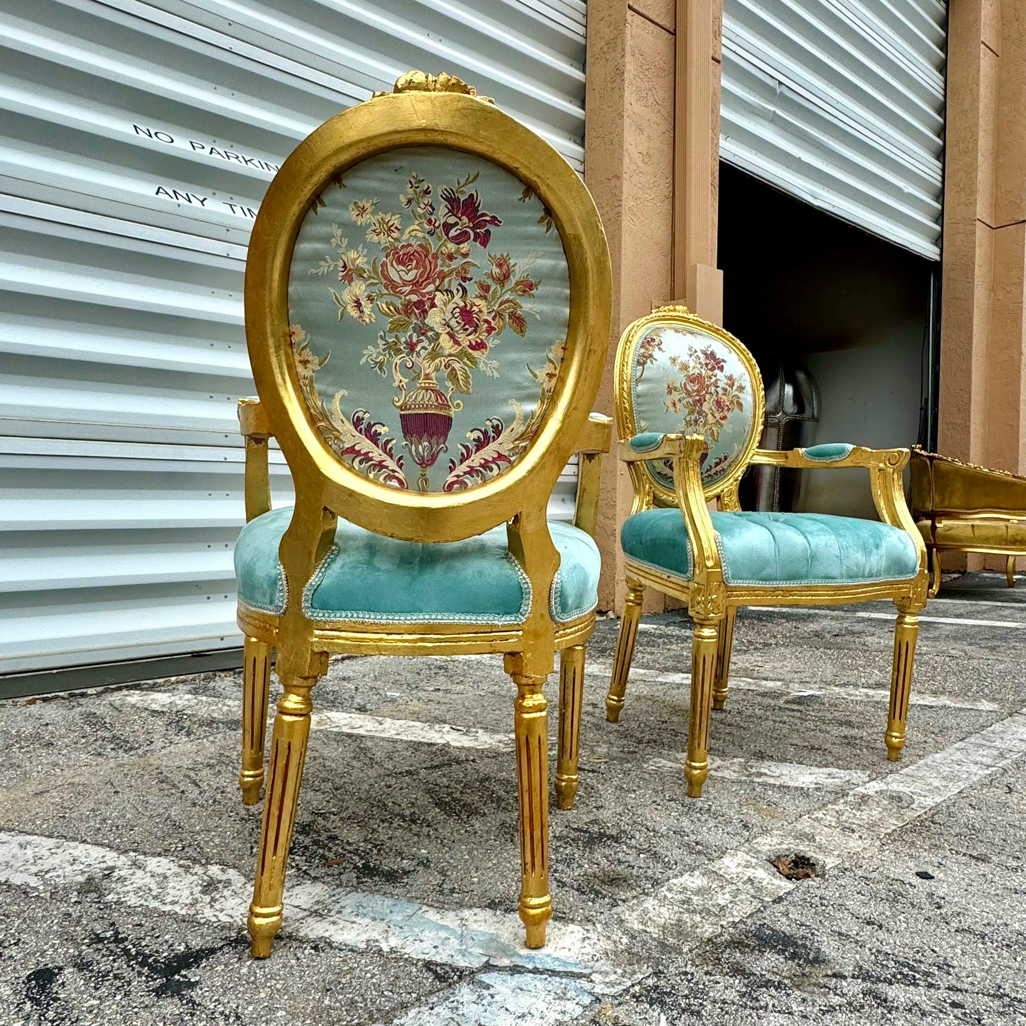French Style Sky Blue Velvet Chair with Gold Details Rococo Baroque