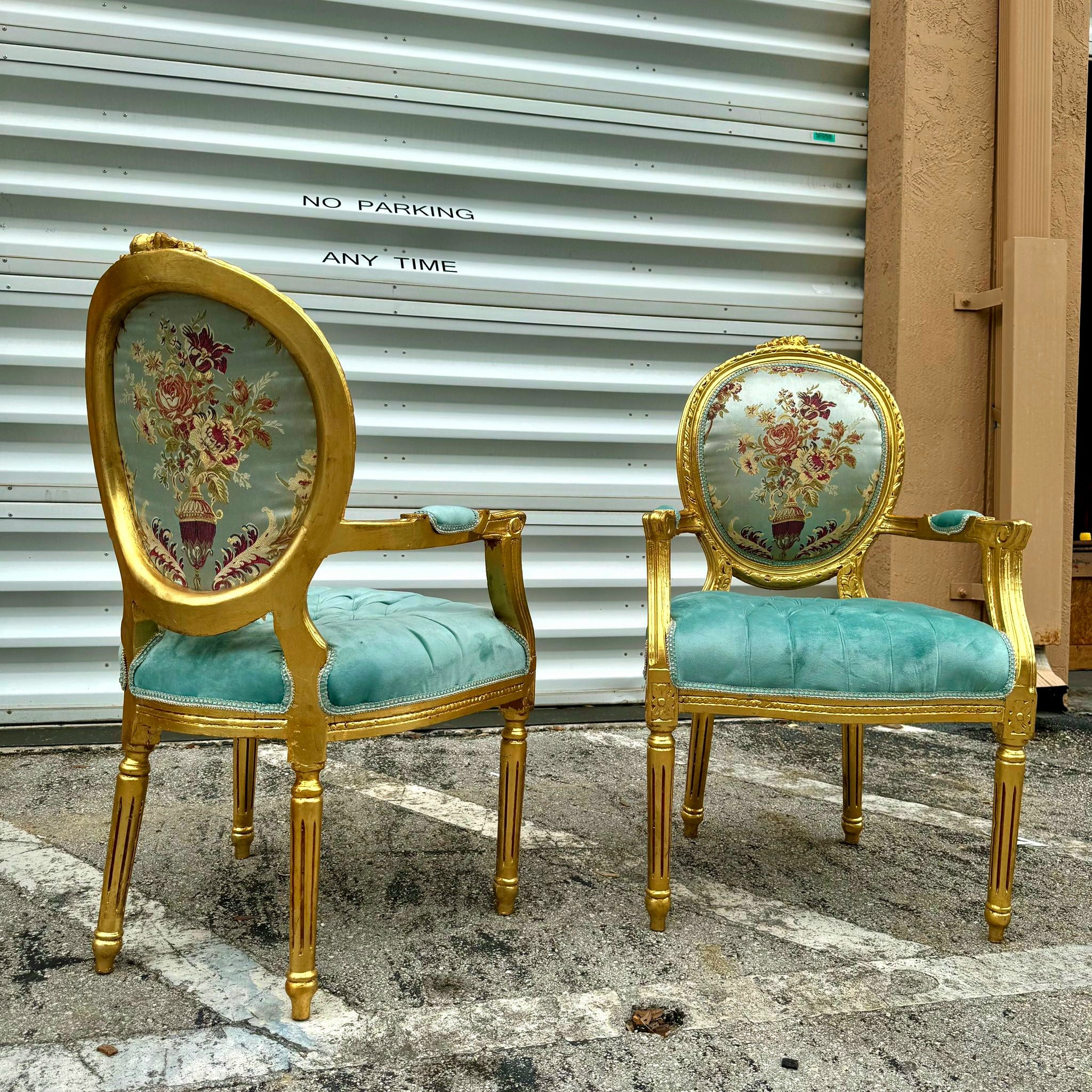 French Style Sky Blue Velvet Chair with Gold Details Rococo Baroque