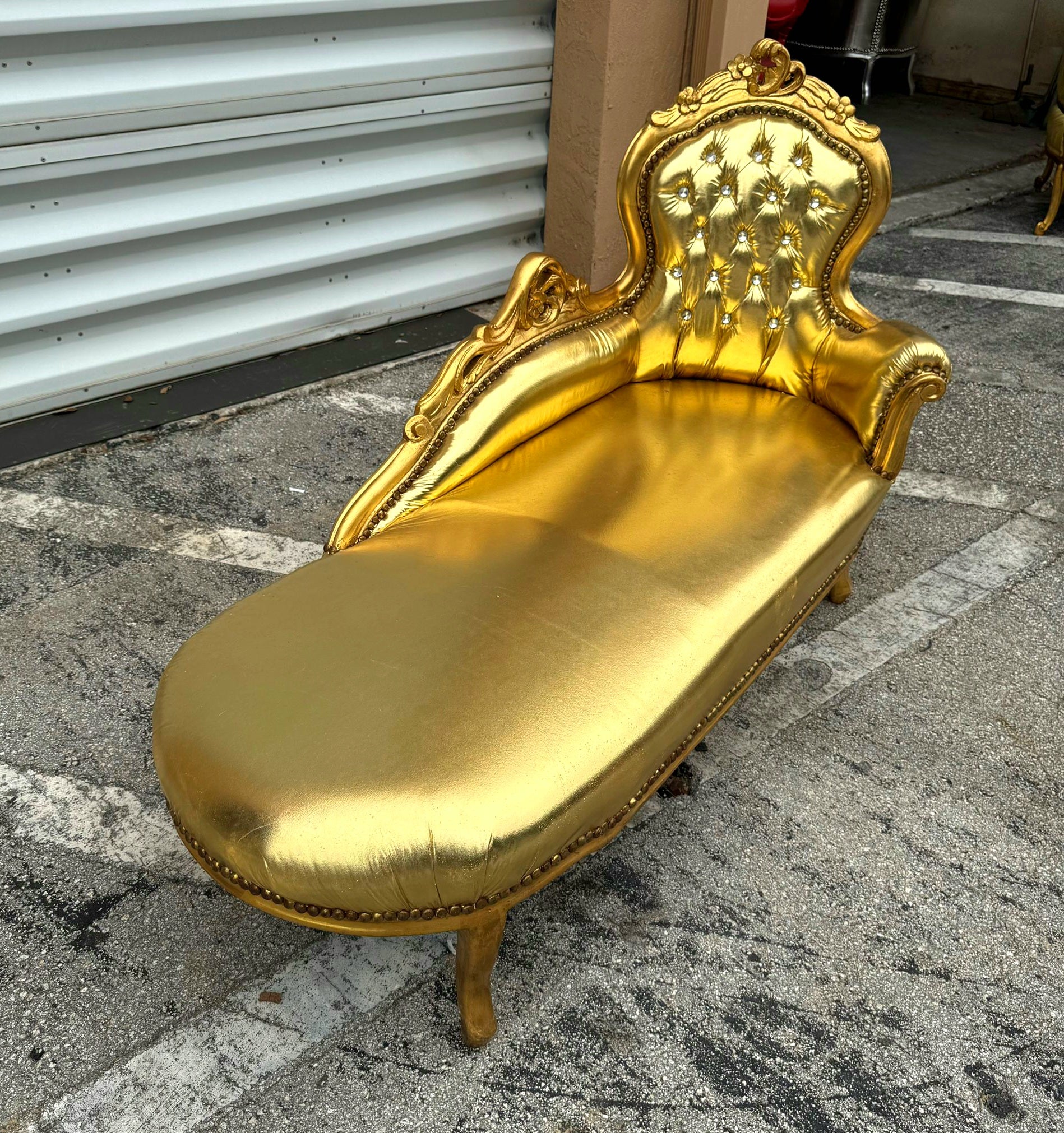 Gold Leather Chaise Lounge Furniture Rococo Style with Gold Leaf Details