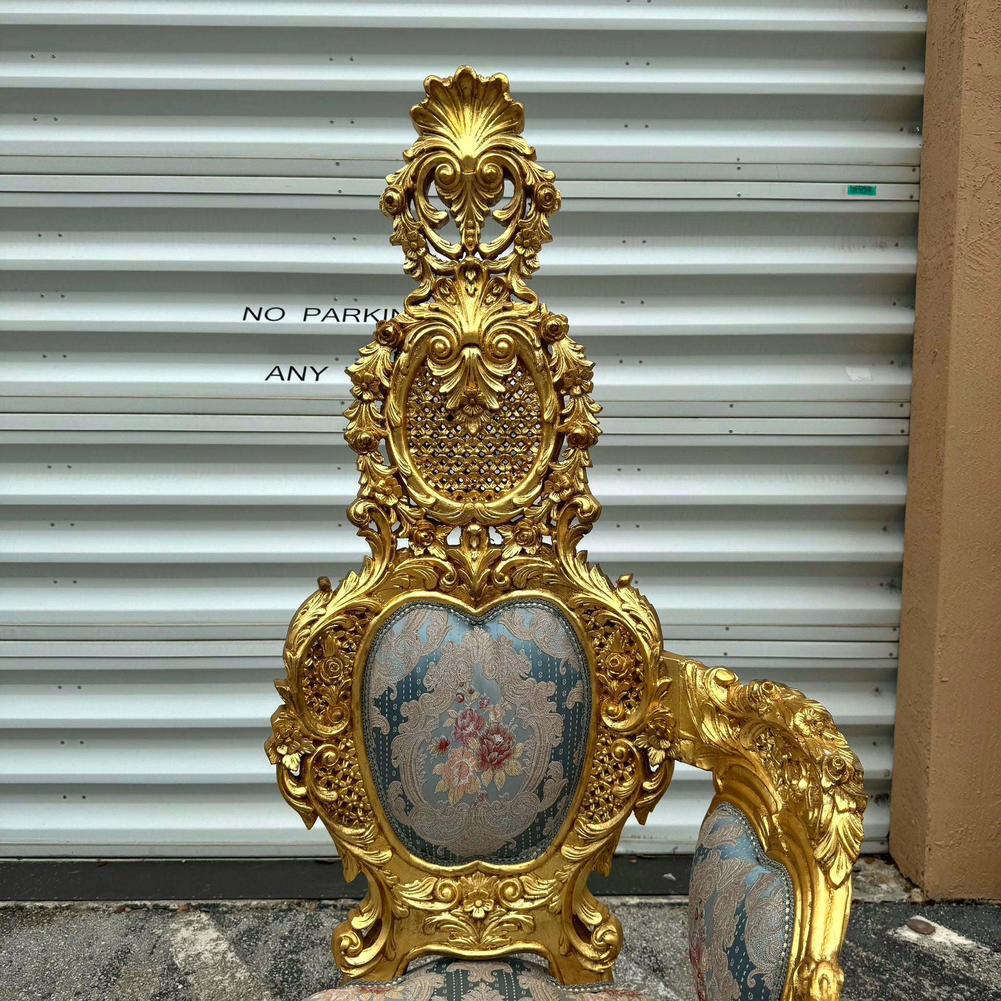 French Baroque Style Chair with Blue Damask Fabric and Gold Leaf Details