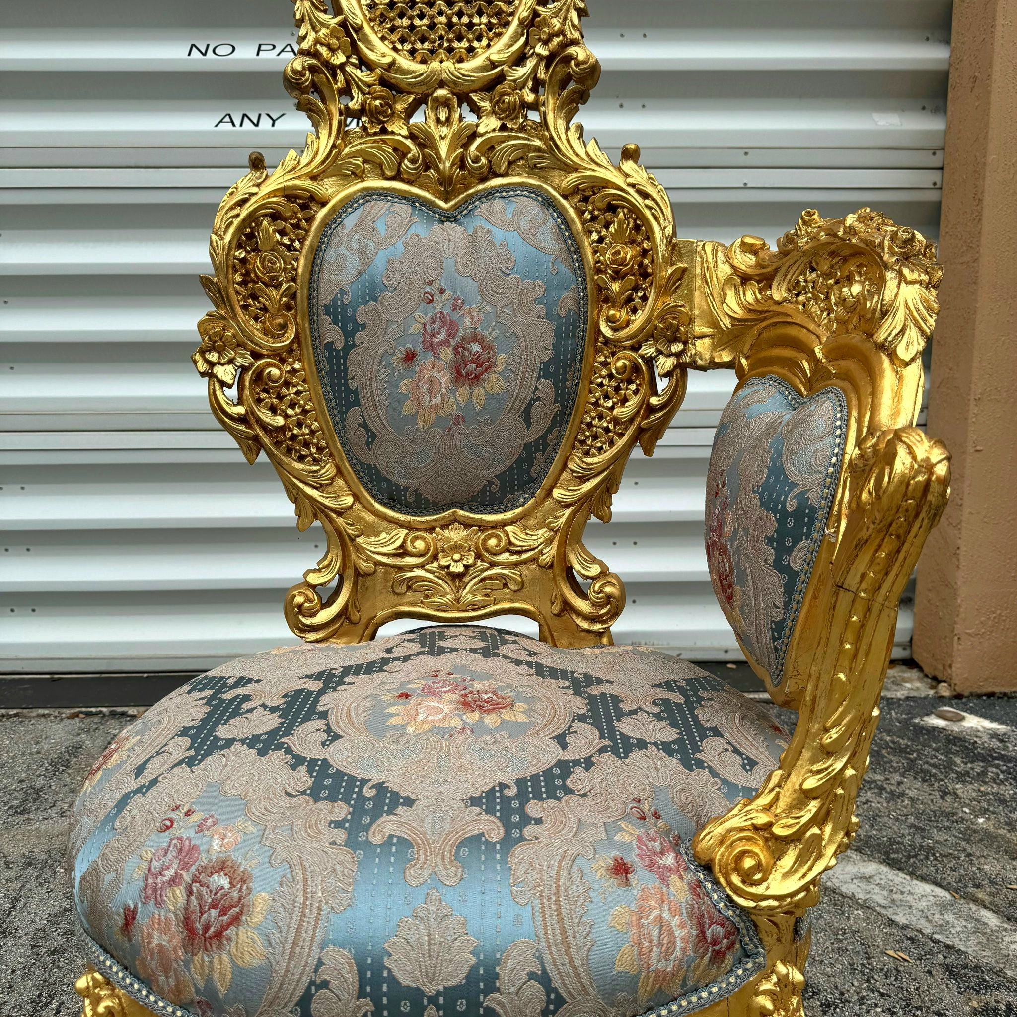 French Baroque Style Chair with Blue Damask Fabric and Gold Leaf Details