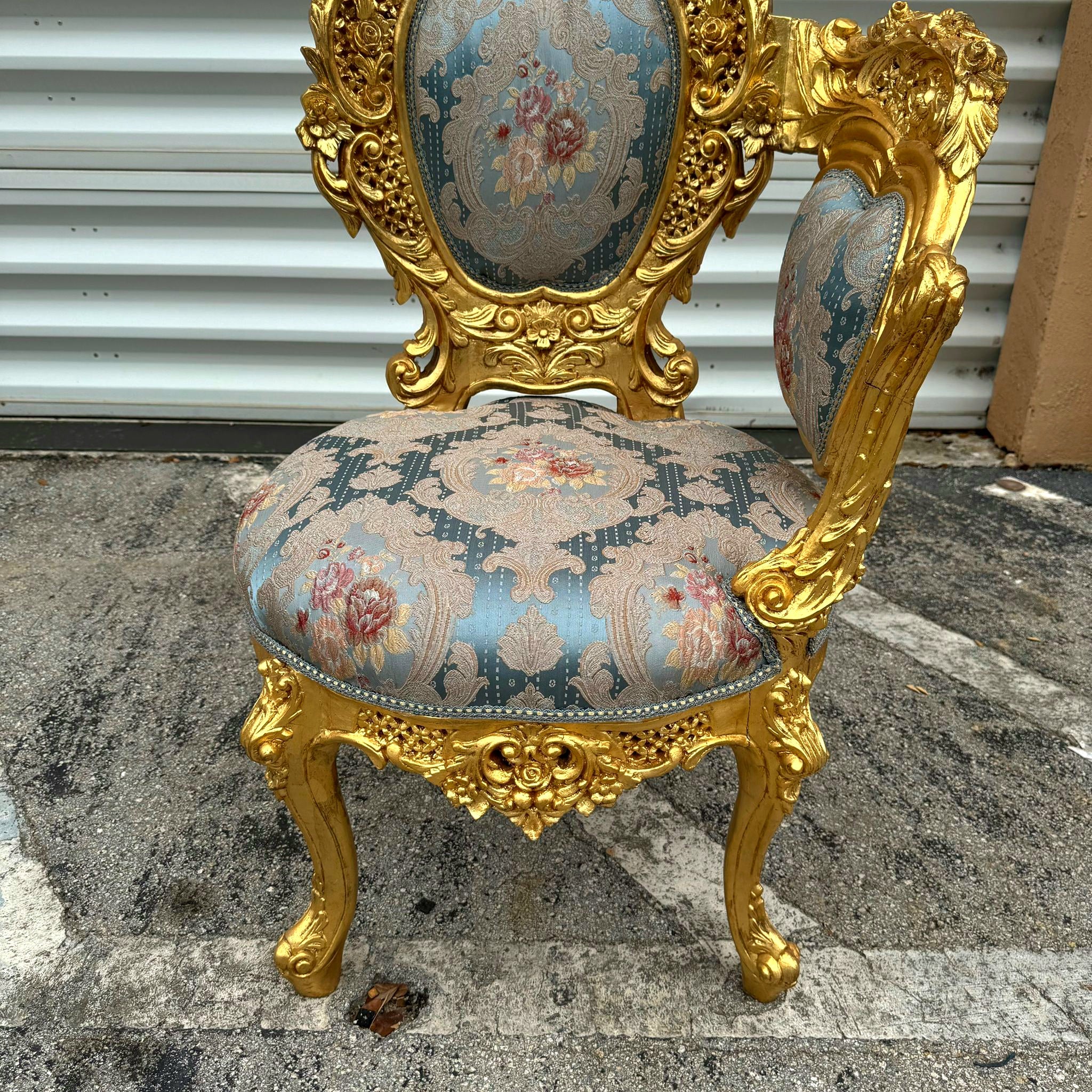 French Baroque Style Chair with Blue Damask Fabric and Gold Leaf Details