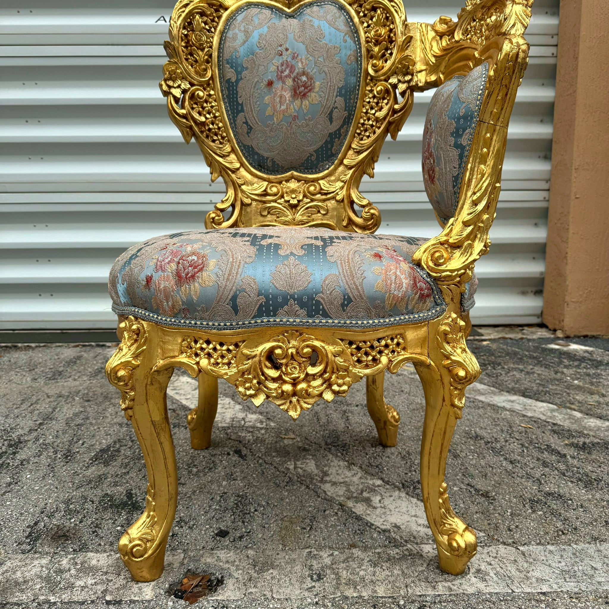 French Baroque Style Chair with Blue Damask Fabric and Gold Leaf Details