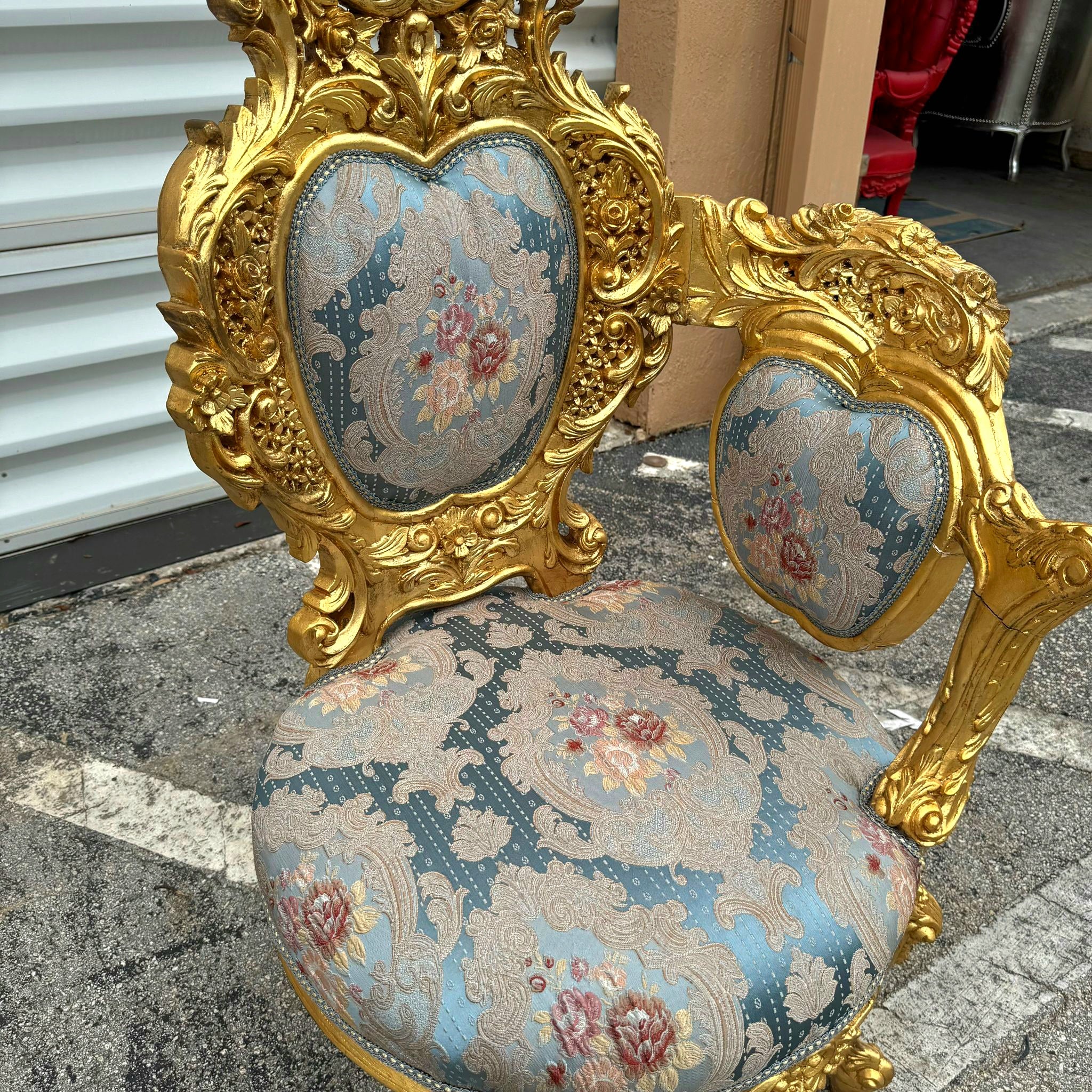 French Baroque Style Chair with Blue Damask Fabric and Gold Leaf Details