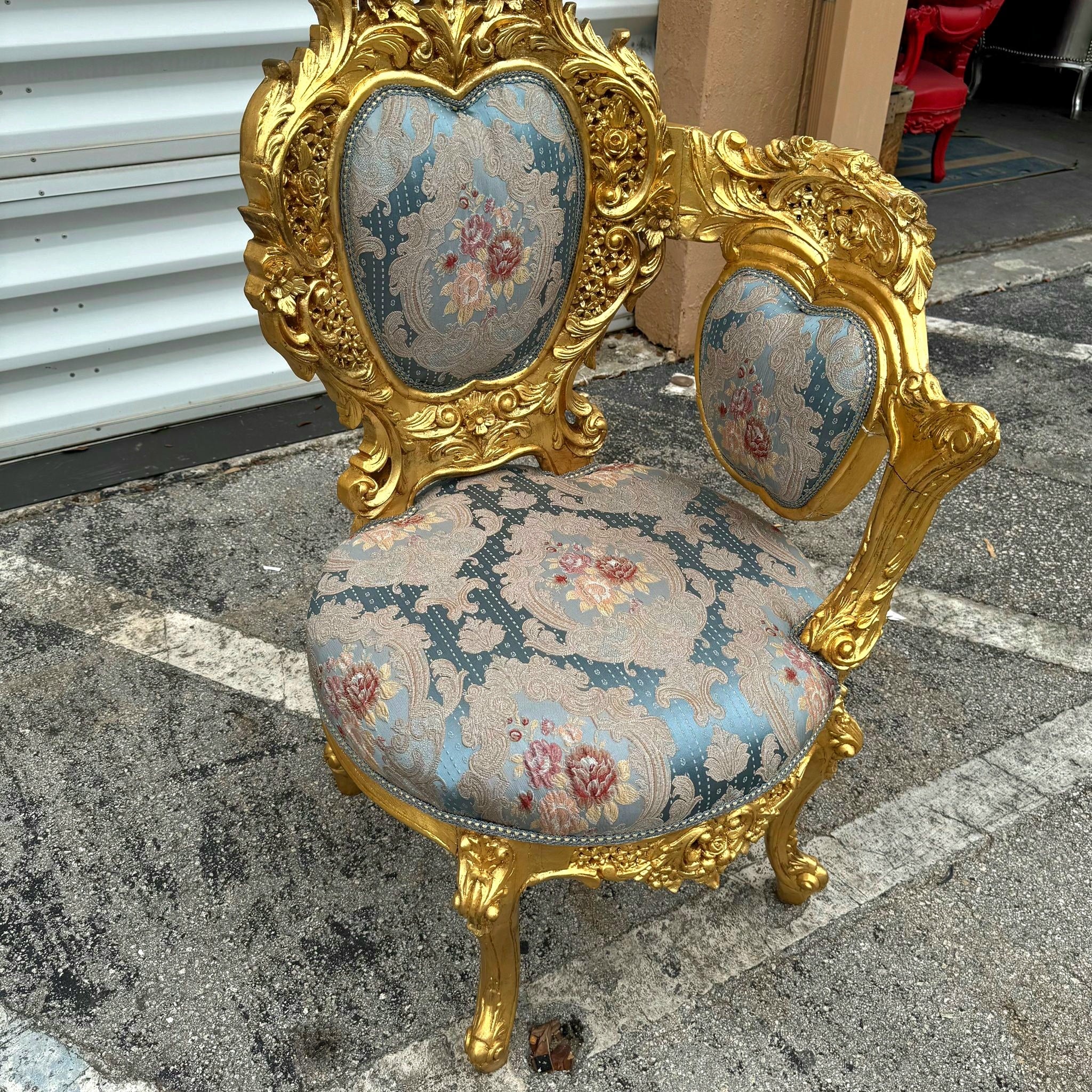 French Baroque Style Chair with Blue Damask Fabric and Gold Leaf Details