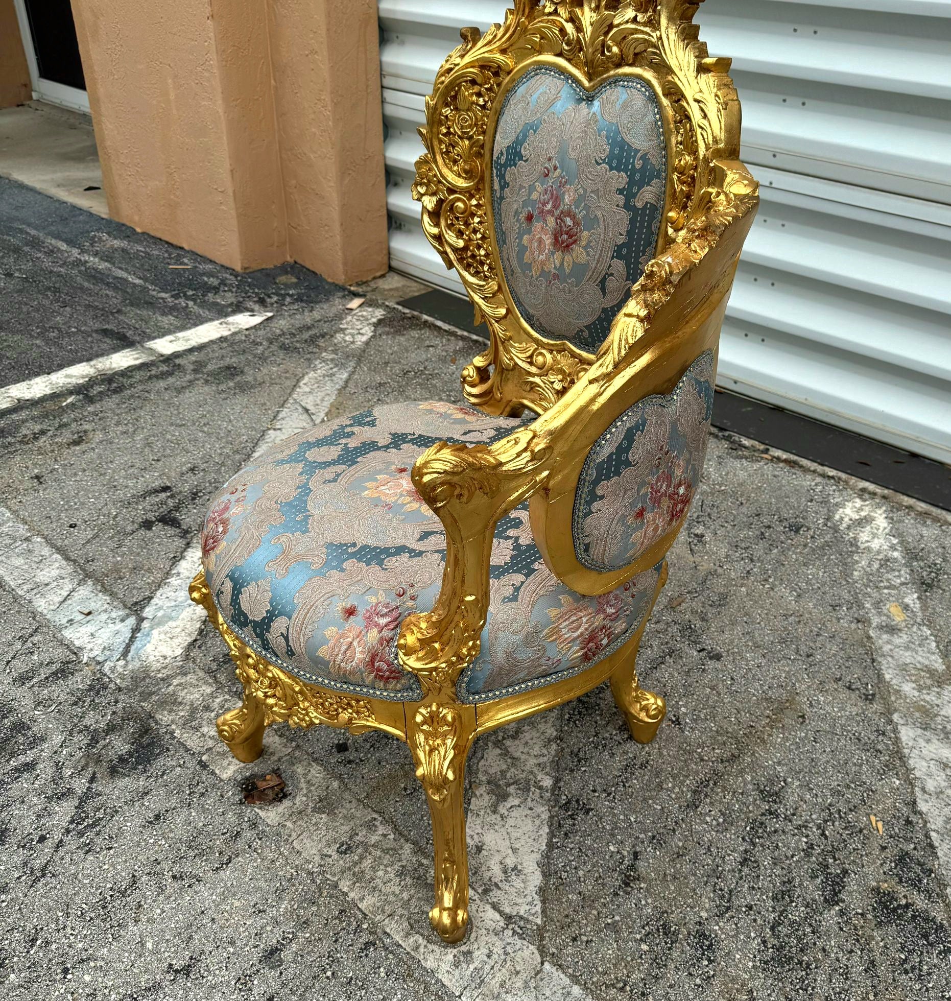French Baroque Style Chair with Blue Damask Fabric and Gold Leaf Details