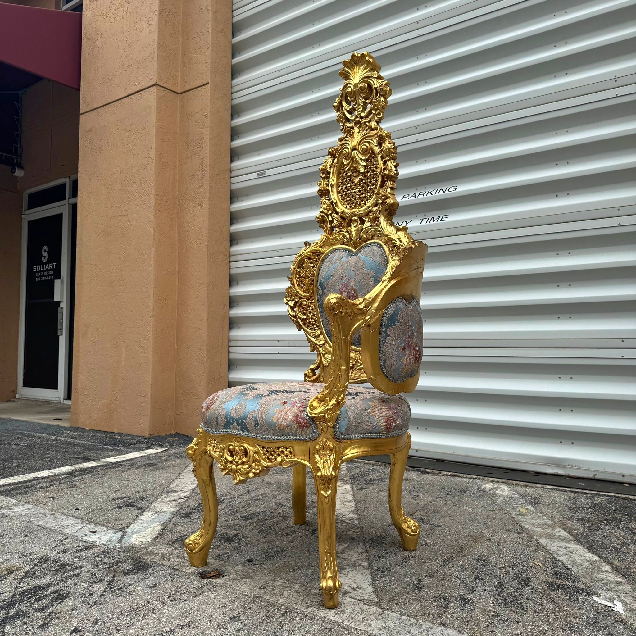 French Baroque Style Chair with Blue Damask Fabric and Gold Leaf Details