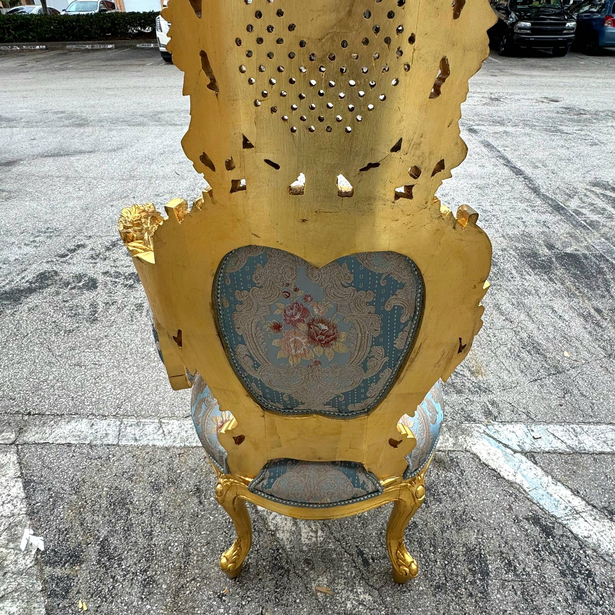 French Baroque Style Chair with Blue Damask Fabric and Gold Leaf Details