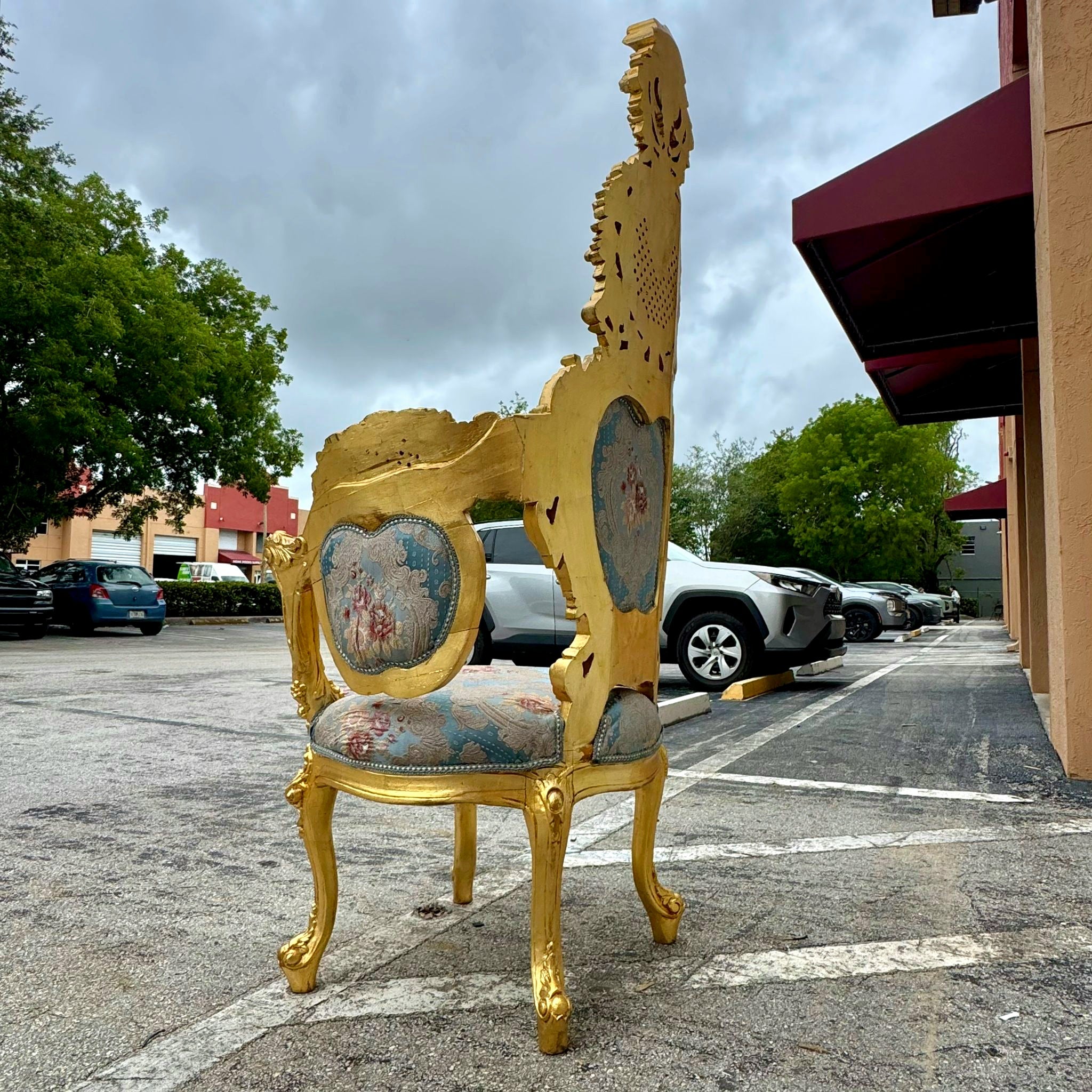 French Baroque Style Chair with Blue Damask Fabric and Gold Leaf Details