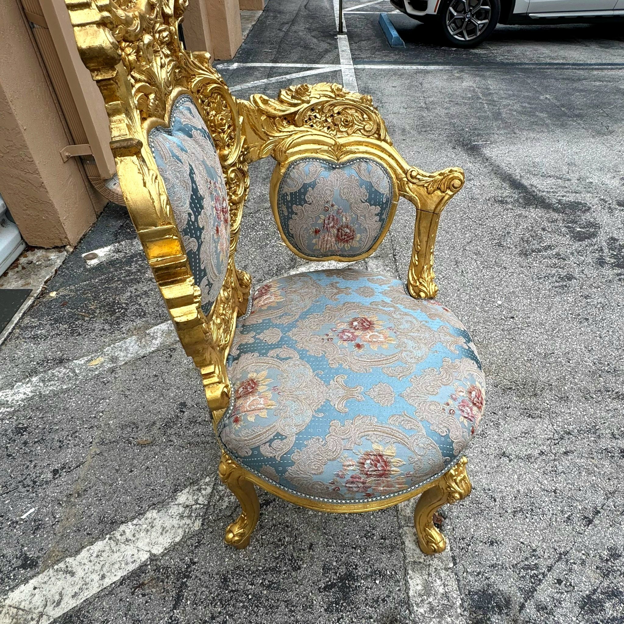 French Baroque Style Chair with Blue Damask Fabric and Gold Leaf Details