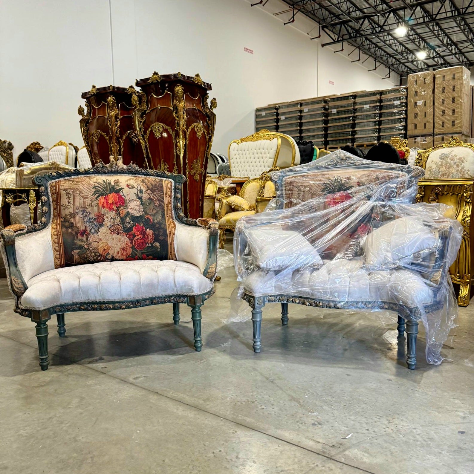 Romantic Beige Bergere Chair Rococo Style Gold Details Damask Fabric