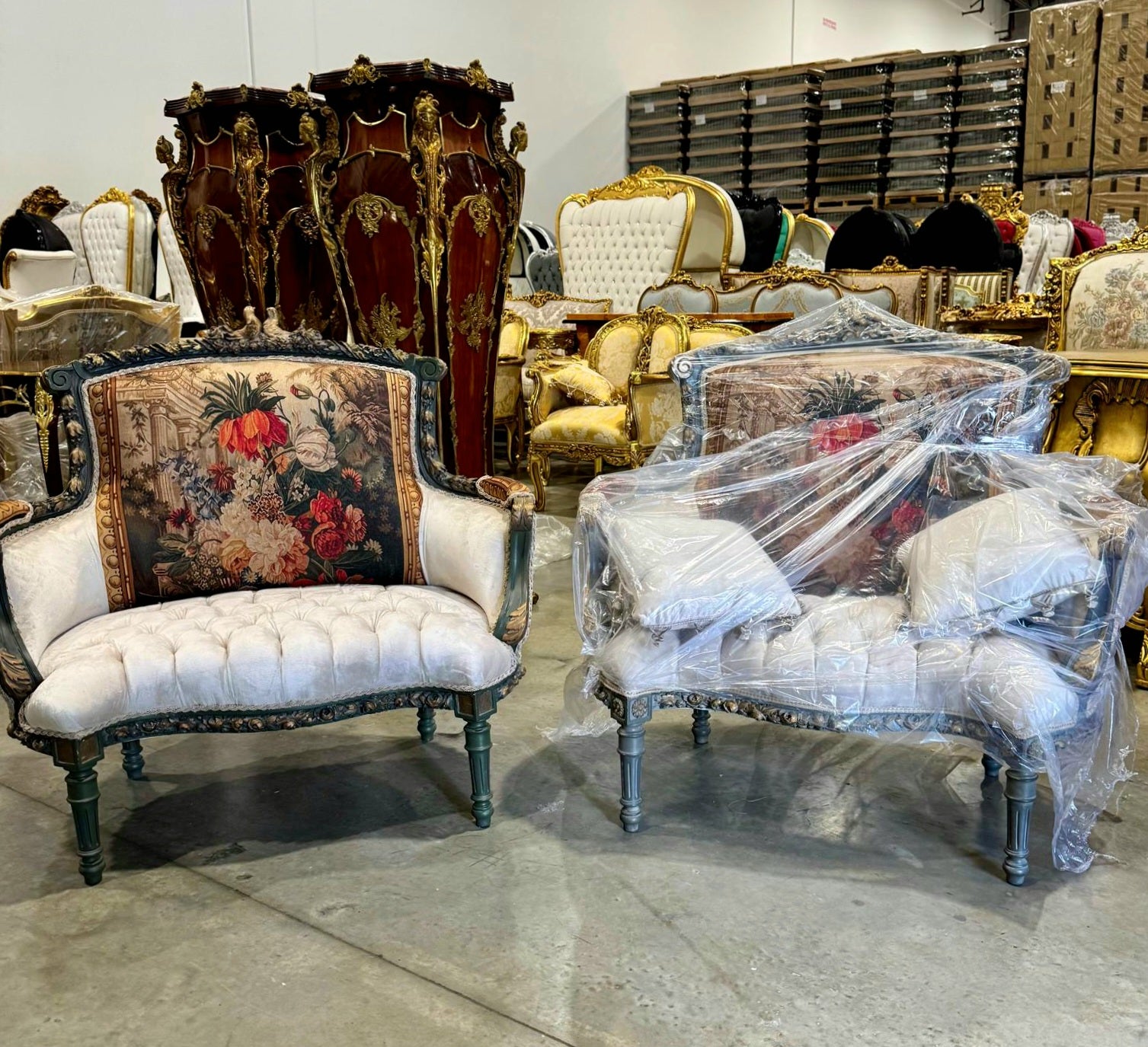 Romantic Beige Bergere Chair Rococo Style Gold Details Damask Fabric