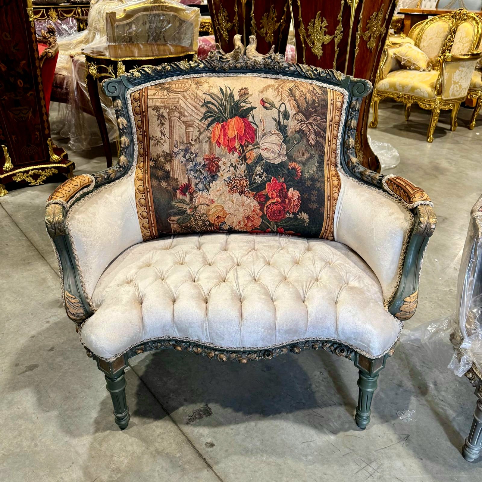 Romantic Beige Bergere Chair Rococo Style Gold Details Damask Fabric