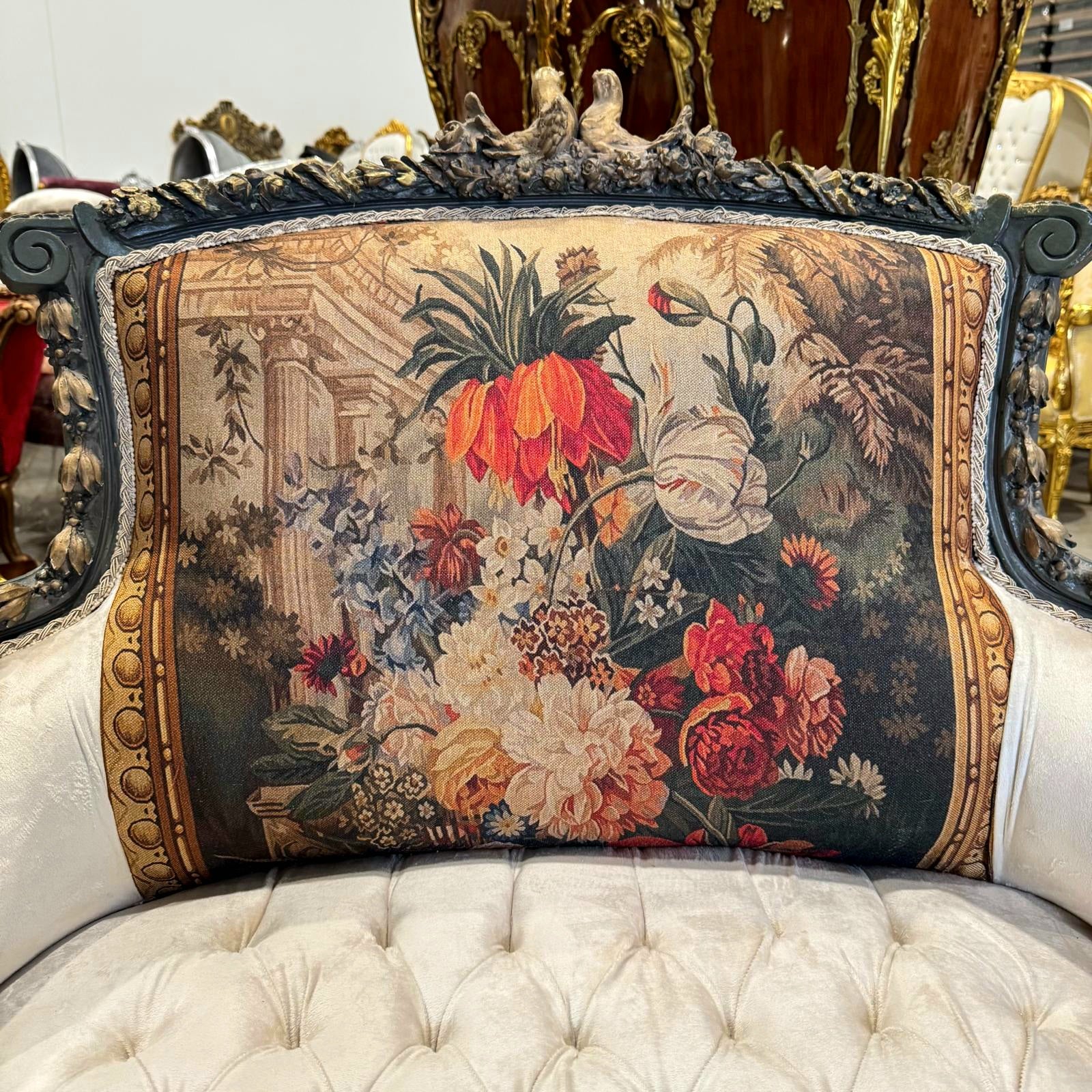 Romantic Beige Bergere Chair Rococo Style Gold Details Damask Fabric