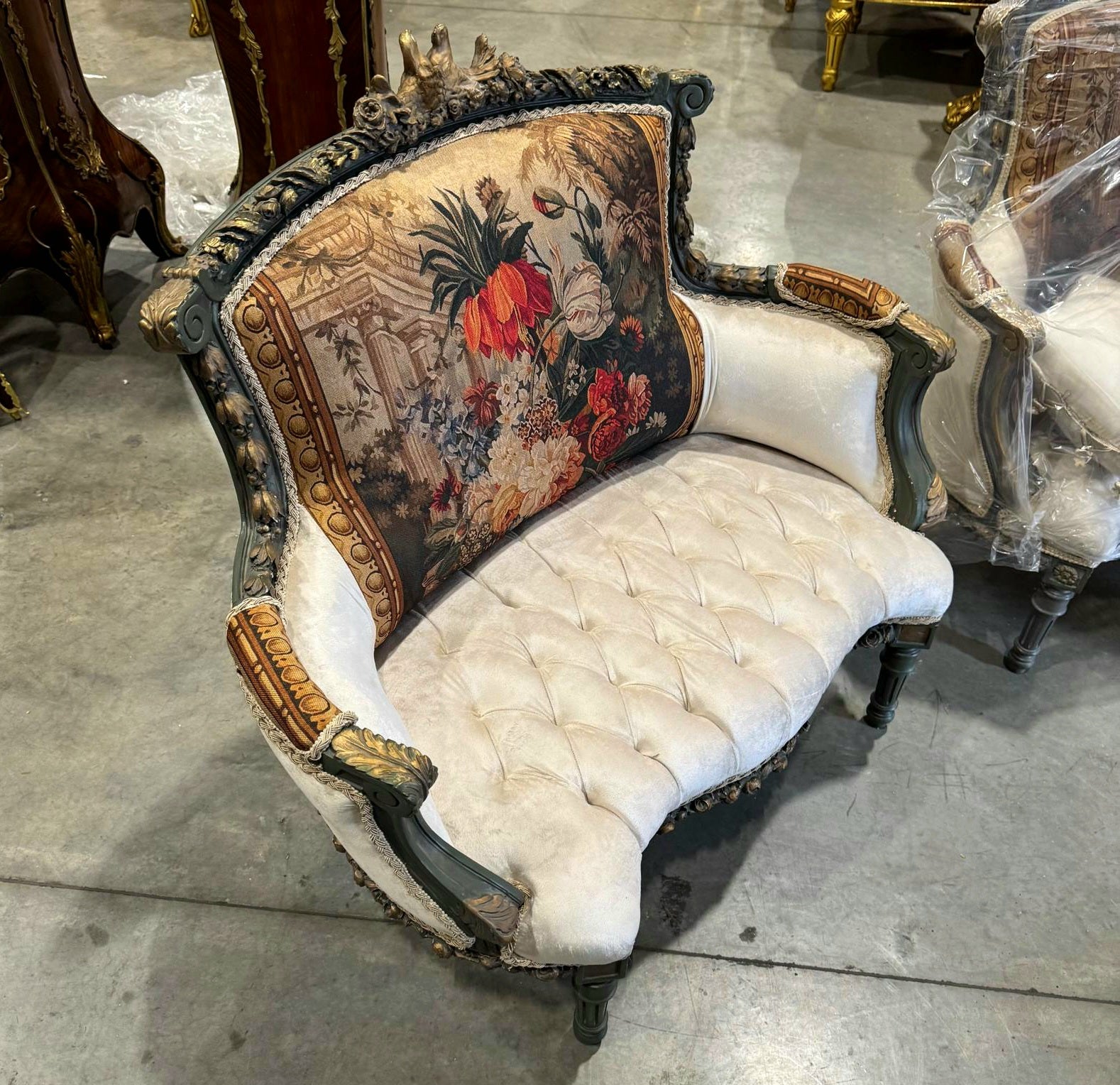 Romantic Beige Bergere Chair Rococo Style Gold Details Damask Fabric