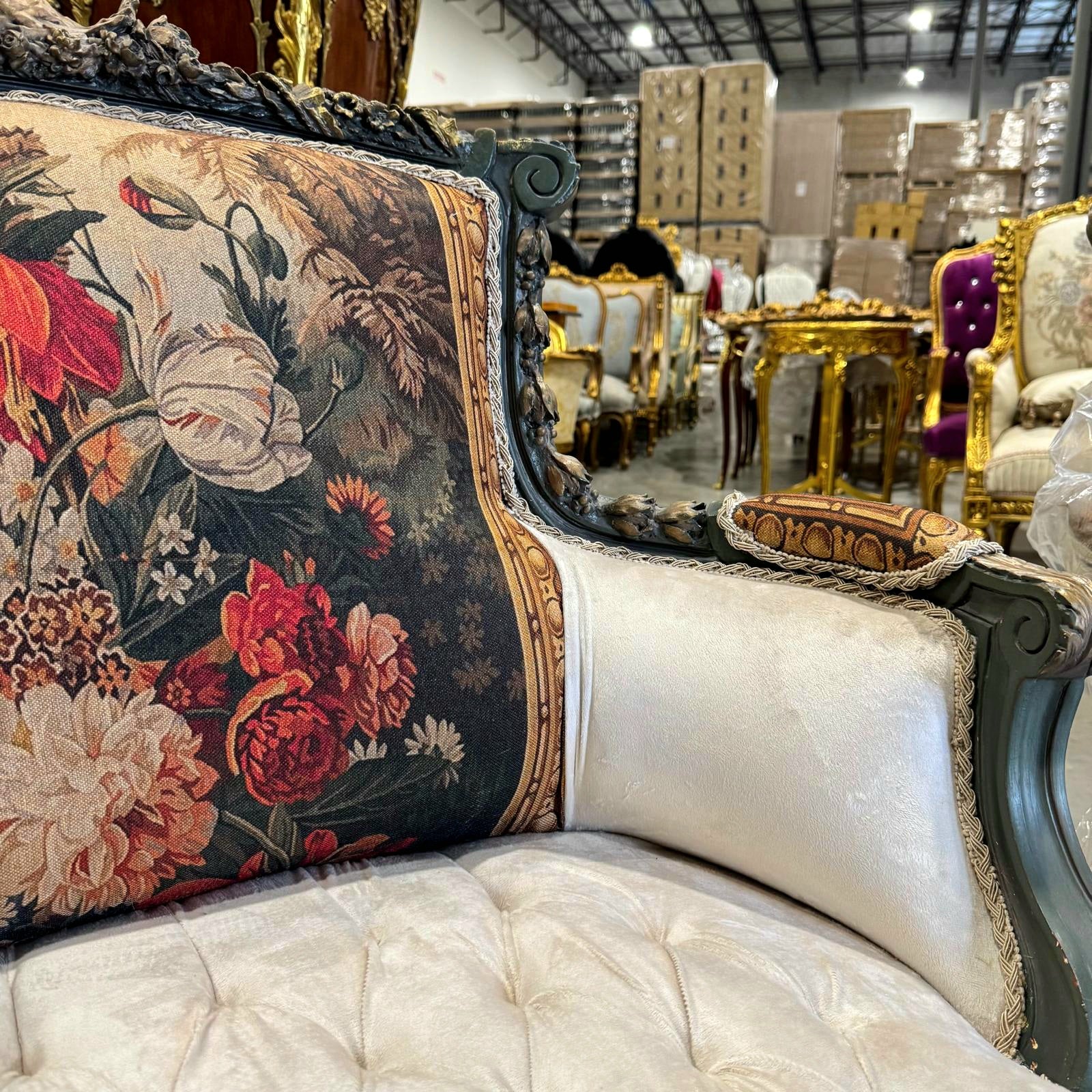 Romantic Beige Bergere Chair Rococo Style Gold Details Damask Fabric