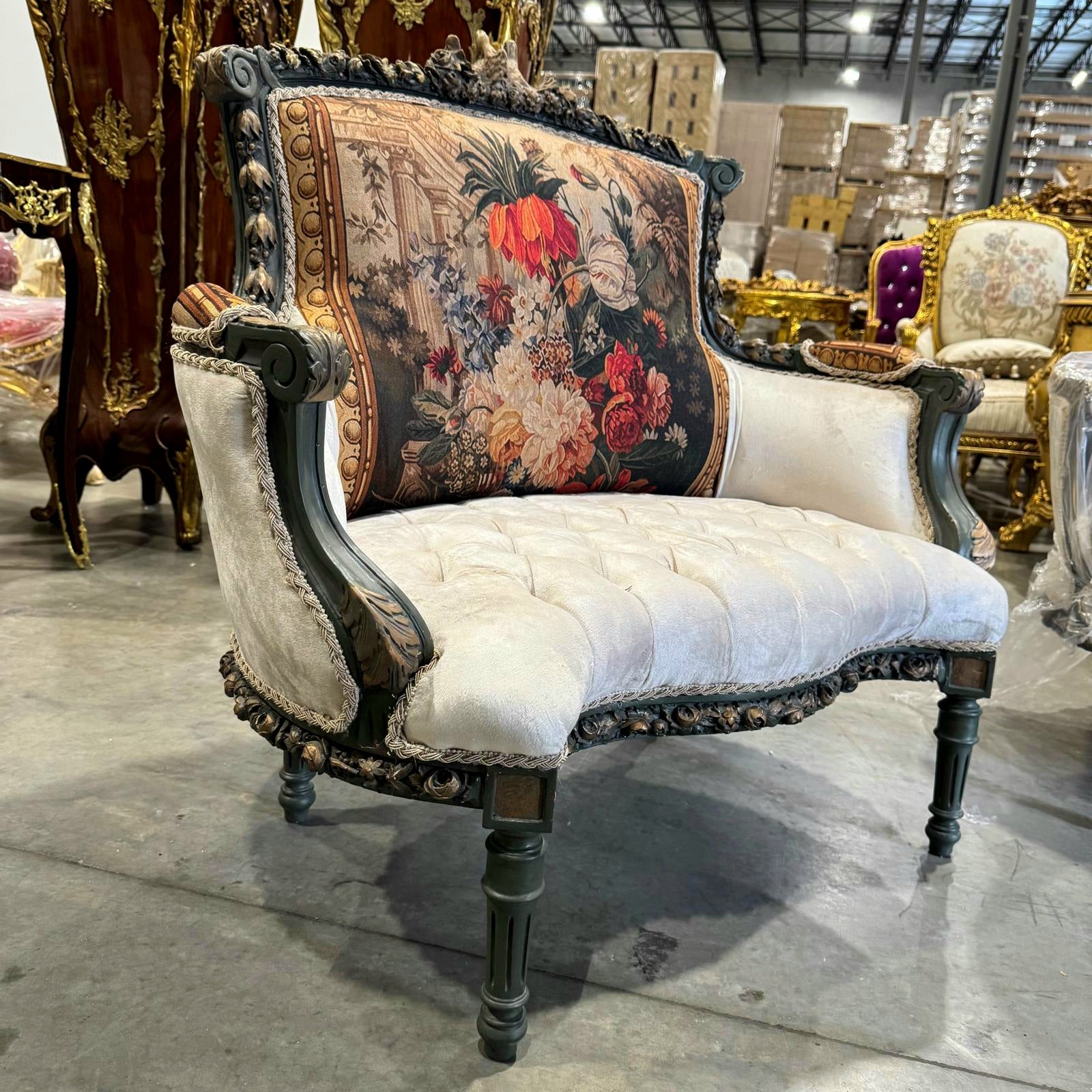 Romantic Beige Bergere Chair Rococo Style Gold Details Damask Fabric