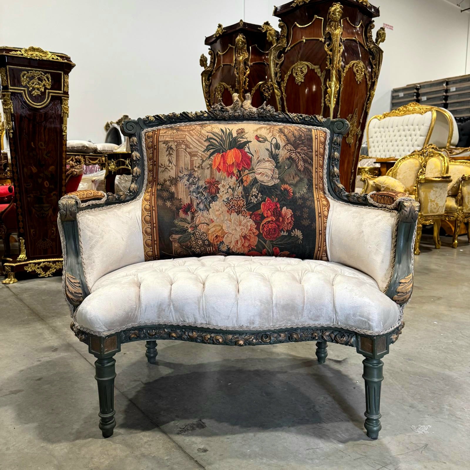 Romantic Beige Bergere Chair Rococo Style Gold Details Damask Fabric