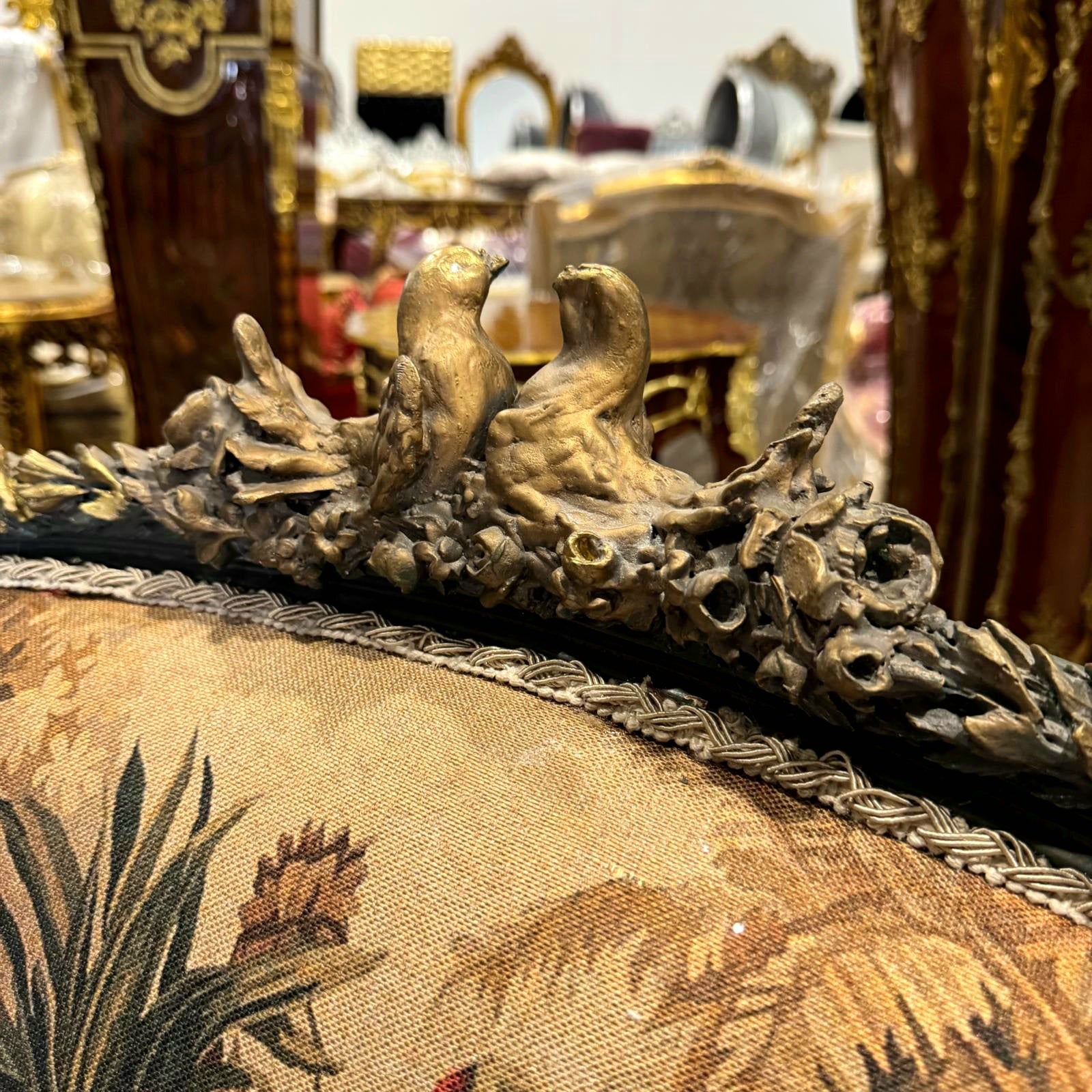 Romantic Beige Bergere Chair Rococo Style Gold Details Damask Fabric