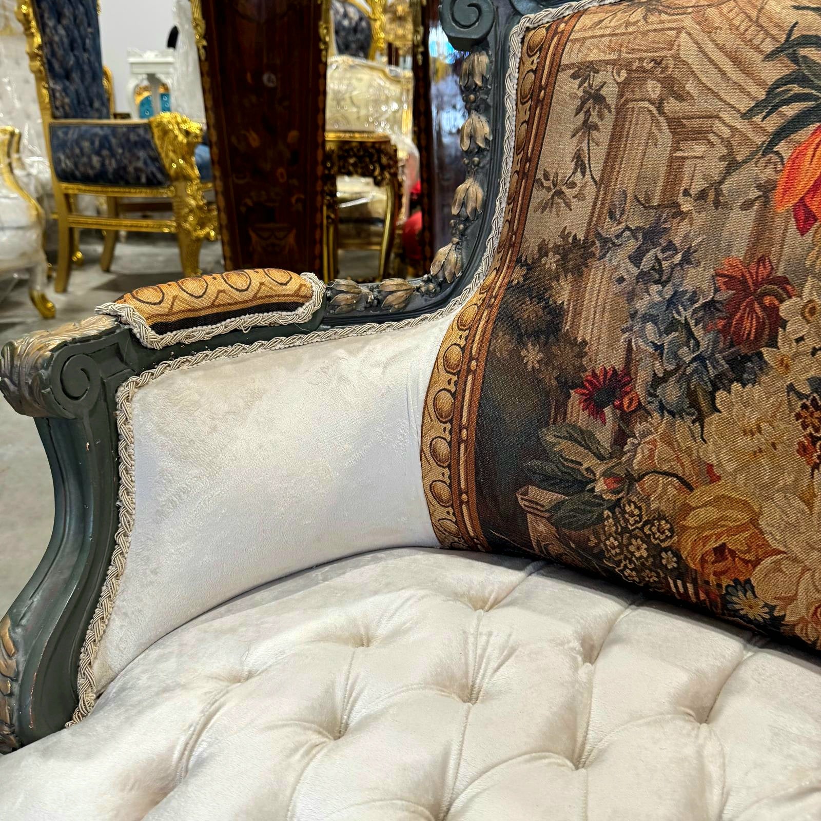 Romantic Beige Bergere Chair Rococo Style Gold Details Damask Fabric