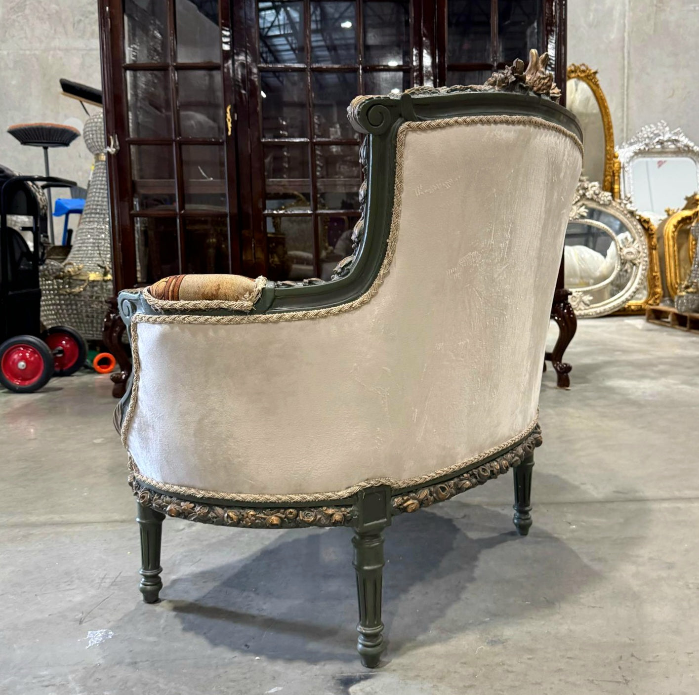 Romantic Beige Bergere Chair Rococo Style Gold Details Damask Fabric