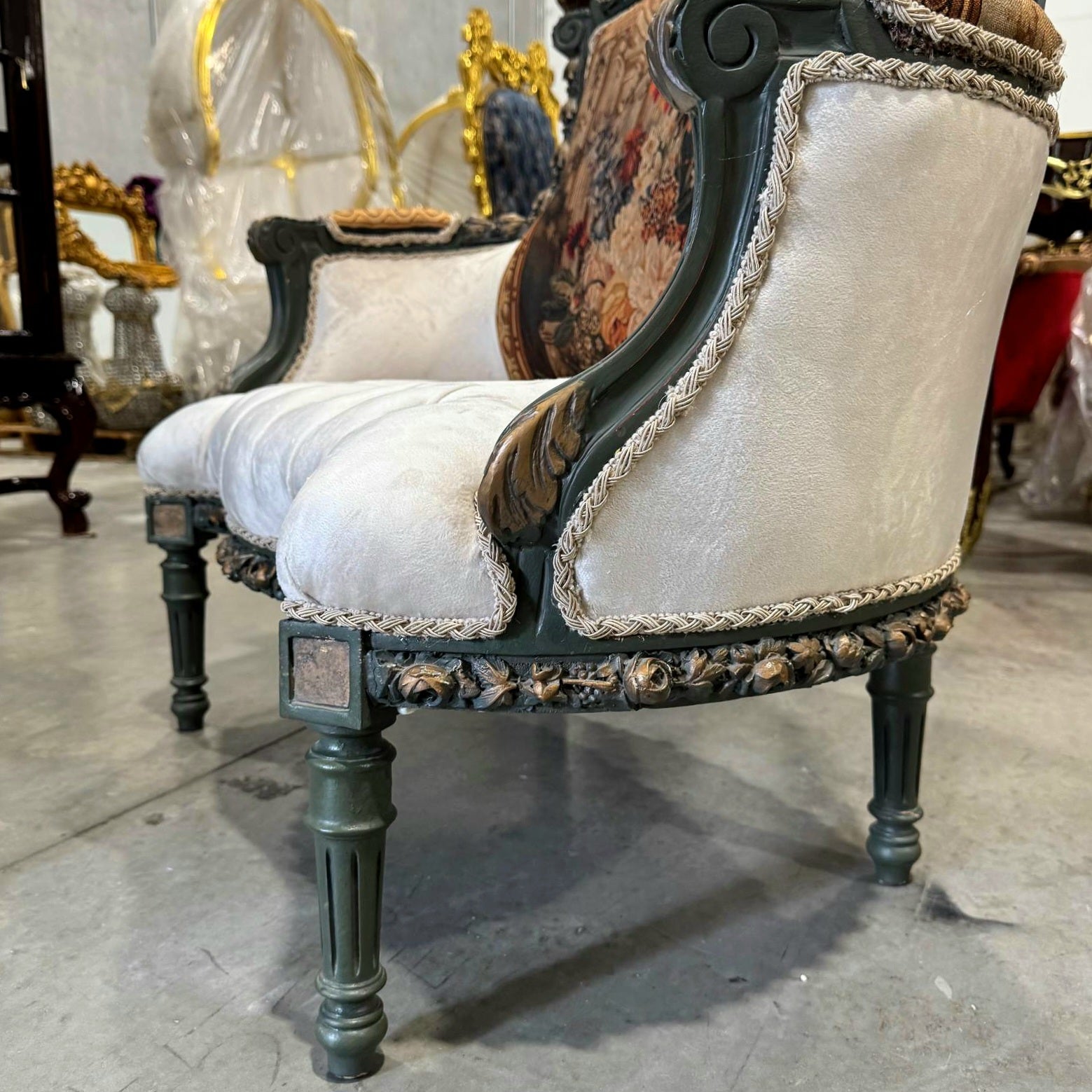 Romantic Beige Bergere Chair Rococo Style Gold Details Damask Fabric
