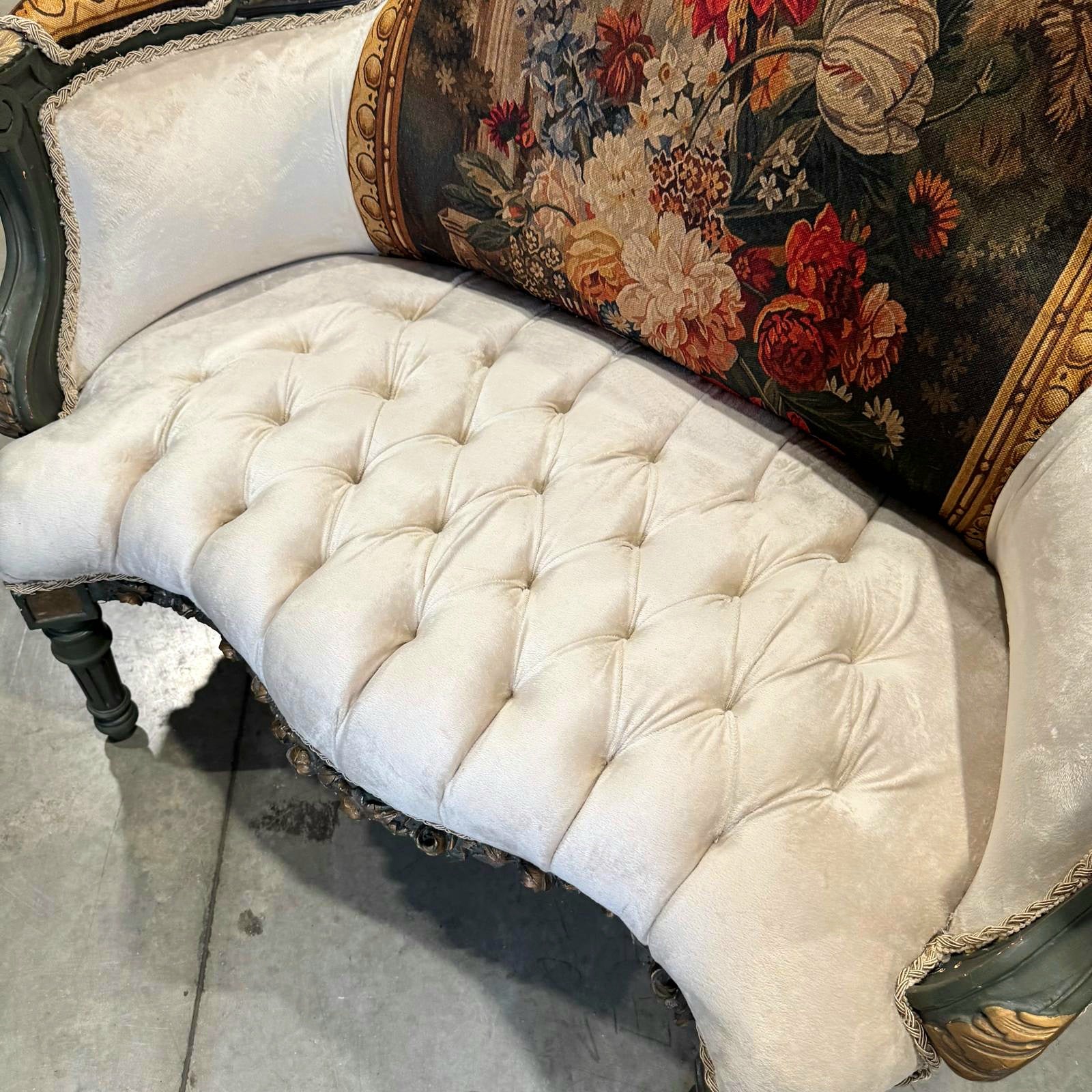 Romantic Beige Bergere Chair Rococo Style Gold Details Damask Fabric