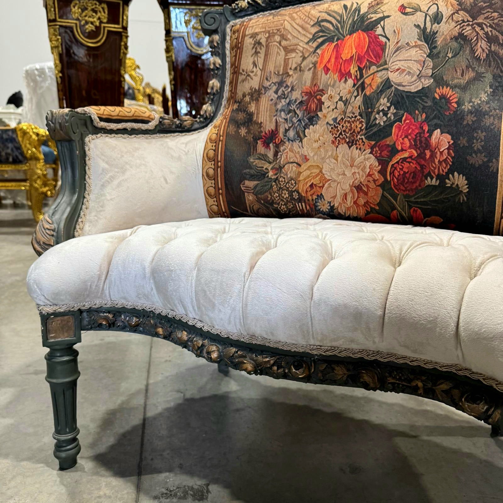 Romantic Beige Bergere Chair Rococo Style Gold Details Damask Fabric