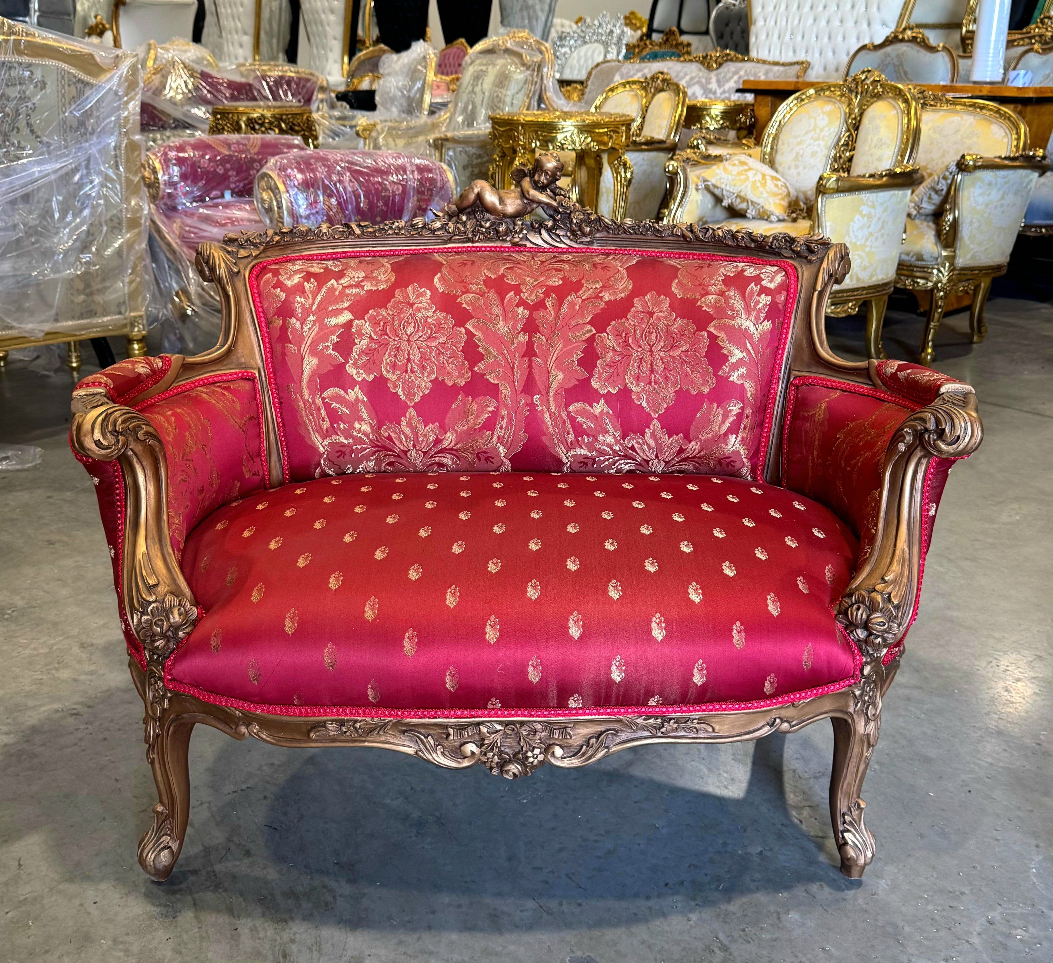 French Sofa Red Granate Upholstery & Ornate Carvings Baroque Style