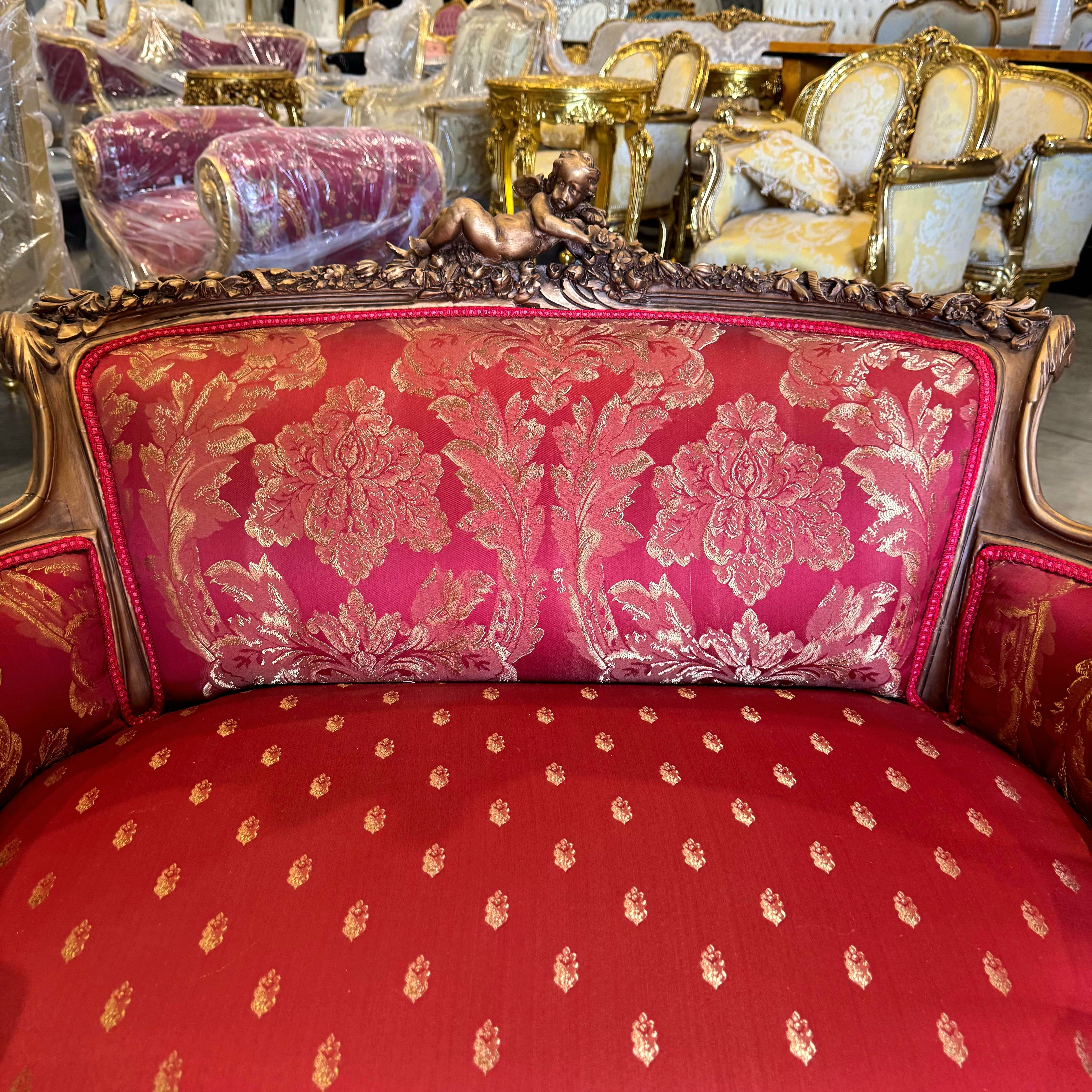 French Sofa Red Granate Upholstery & Ornate Carvings Baroque Style