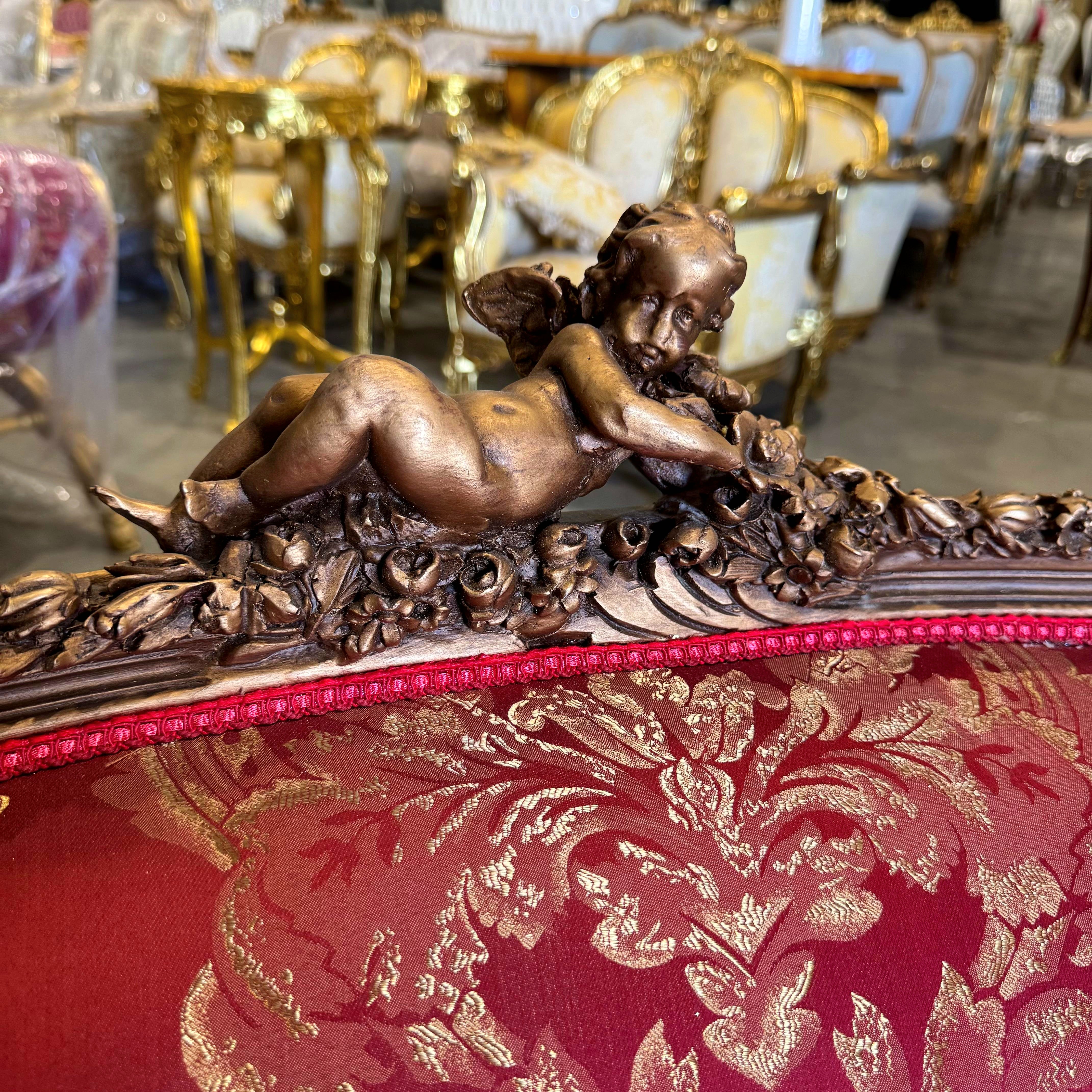 French Sofa Red Granate Upholstery & Ornate Carvings Baroque Style