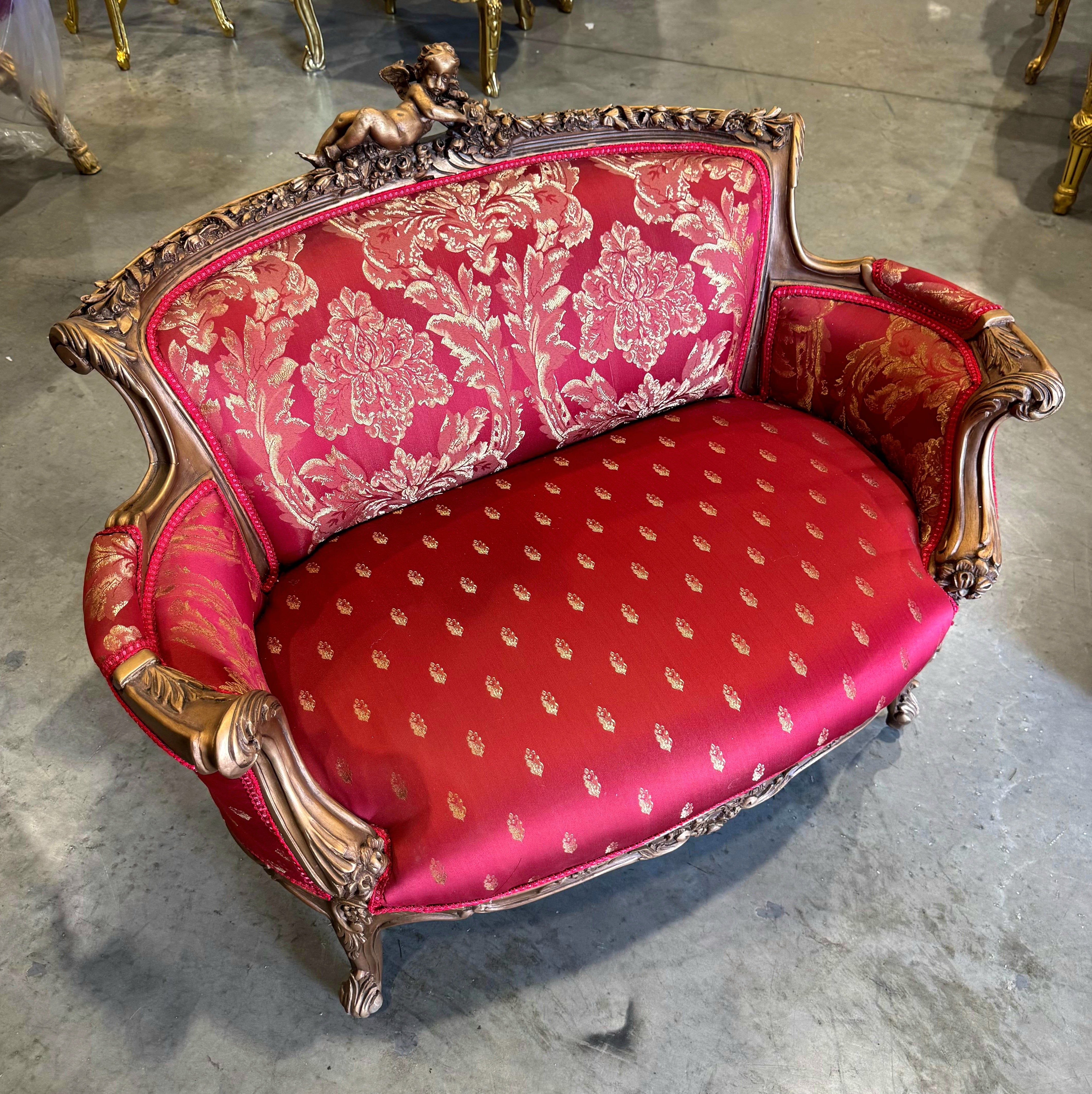 French Sofa Red Granate Upholstery & Ornate Carvings Baroque Style
