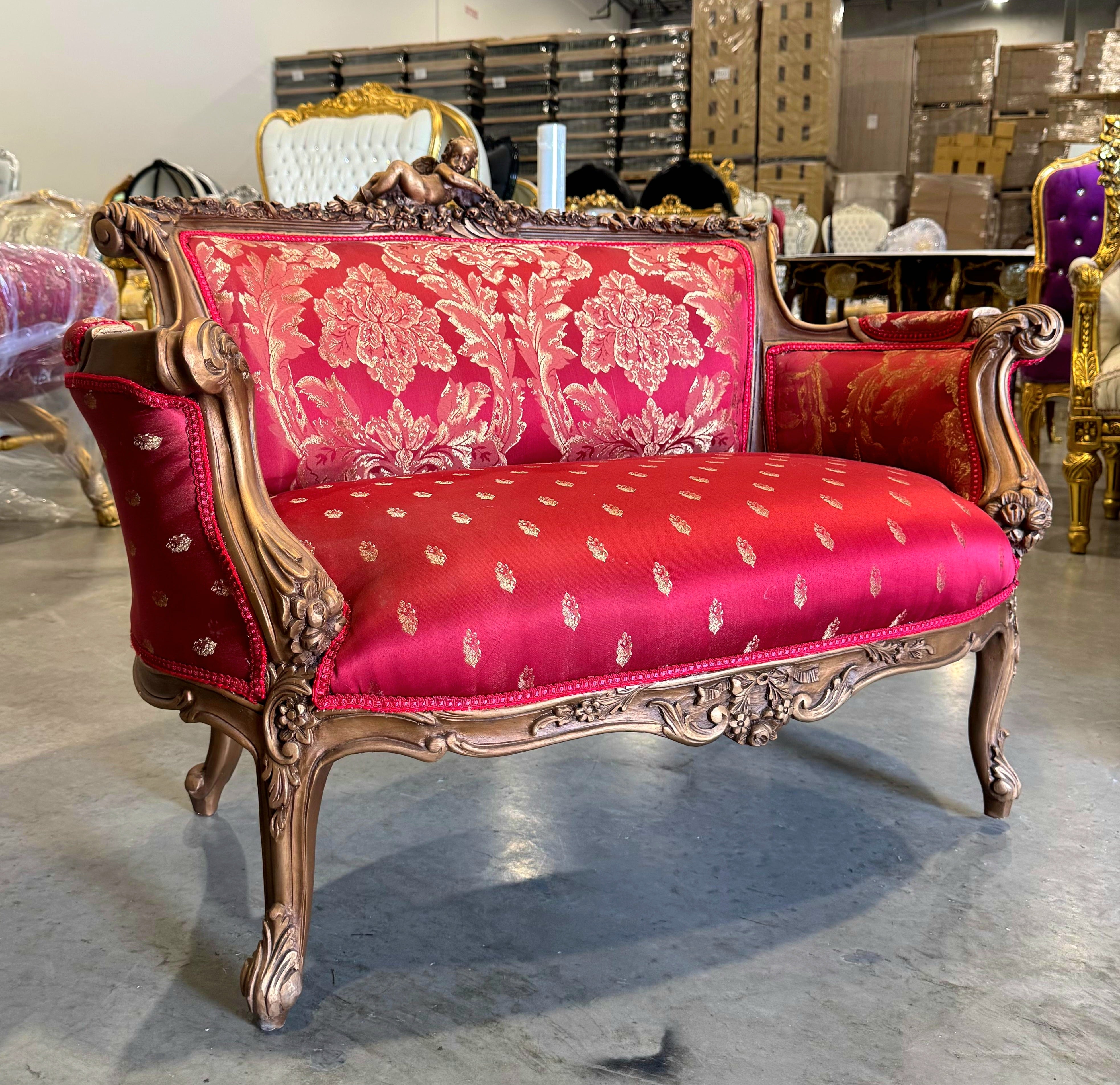 French Sofa Red Granate Upholstery & Ornate Carvings Baroque Style