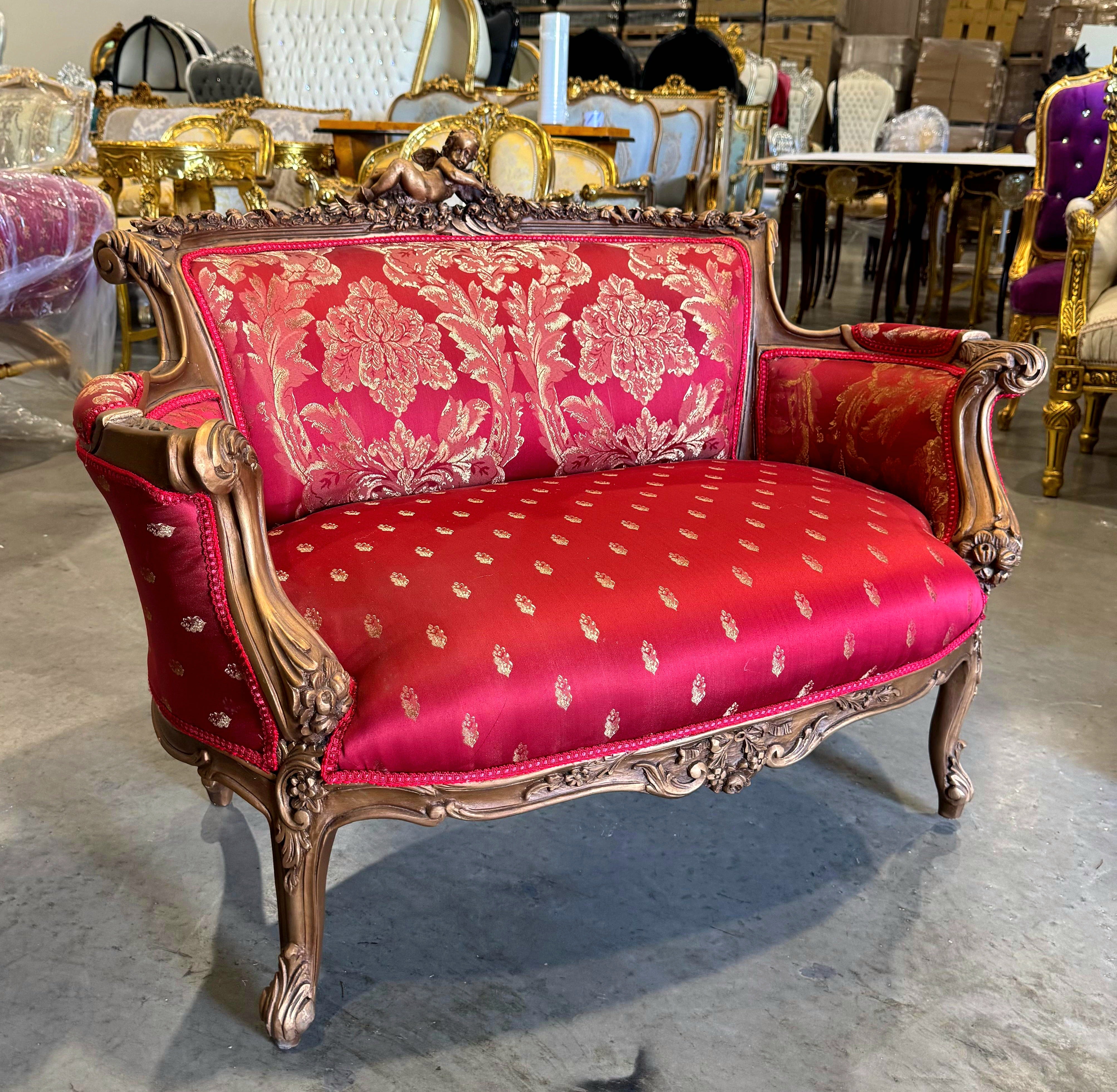 French Sofa Red Granate Upholstery & Ornate Carvings Baroque Style
