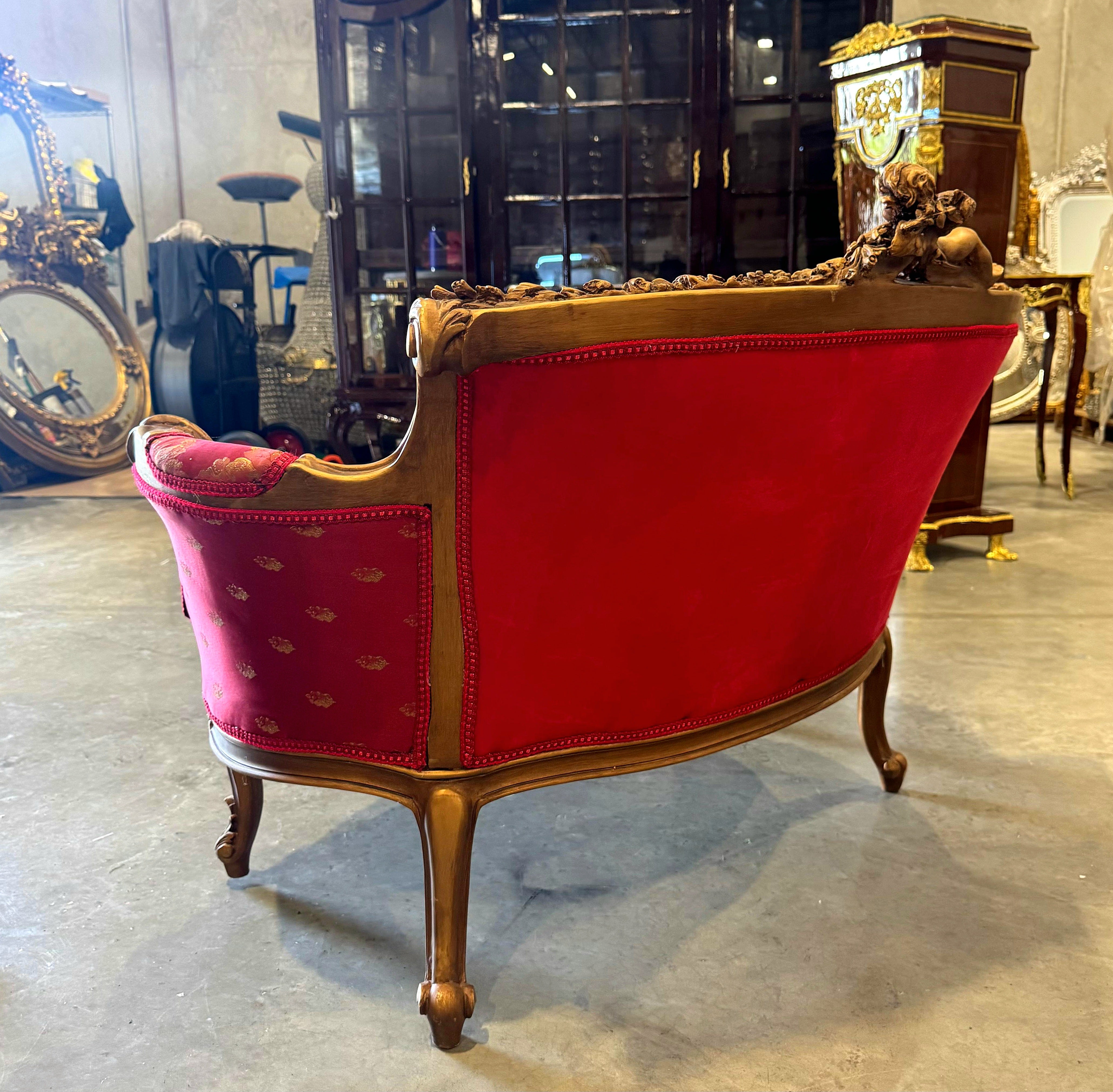 French Sofa Red Granate Upholstery & Ornate Carvings Baroque Style