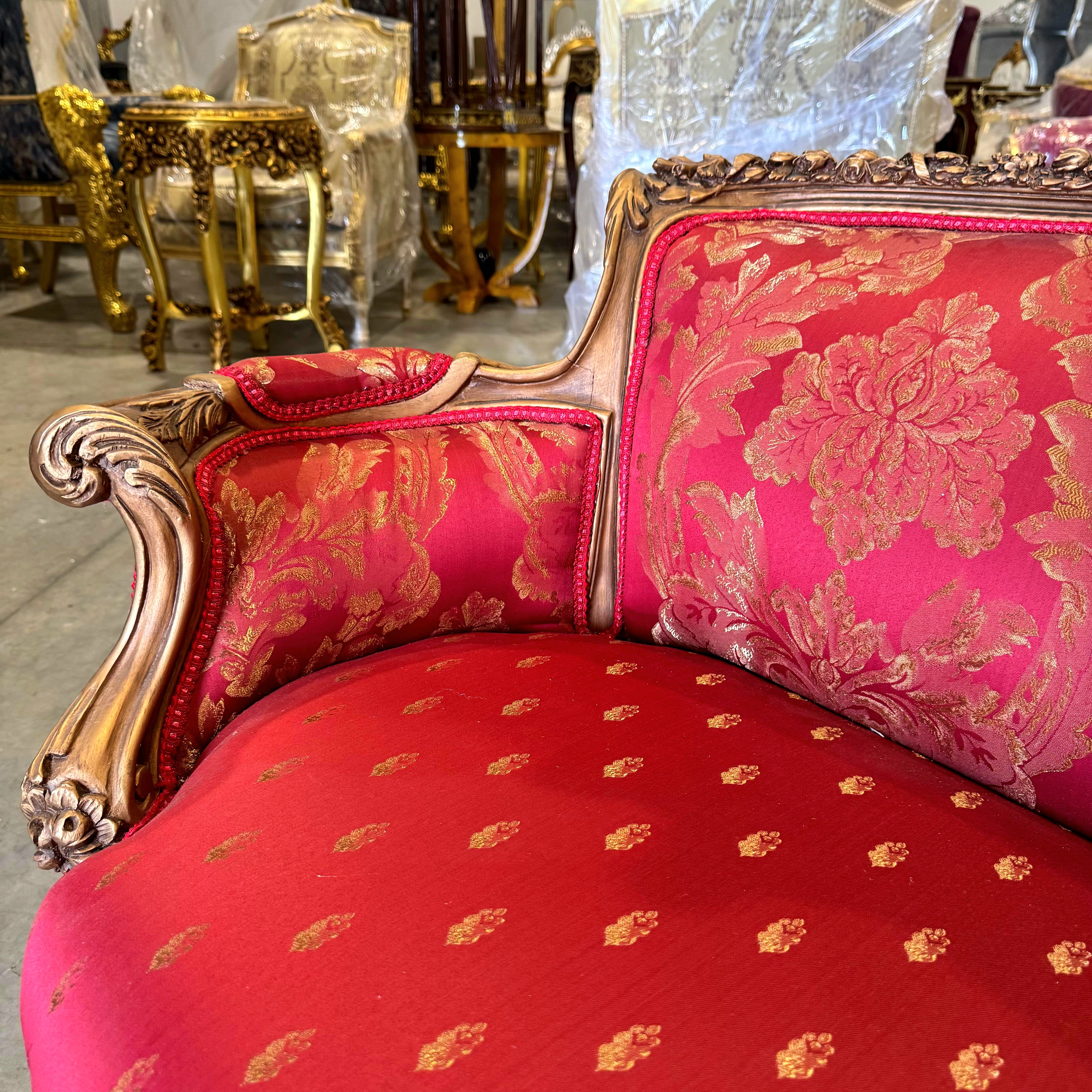 French Sofa Red Granate Upholstery & Ornate Carvings Baroque Style