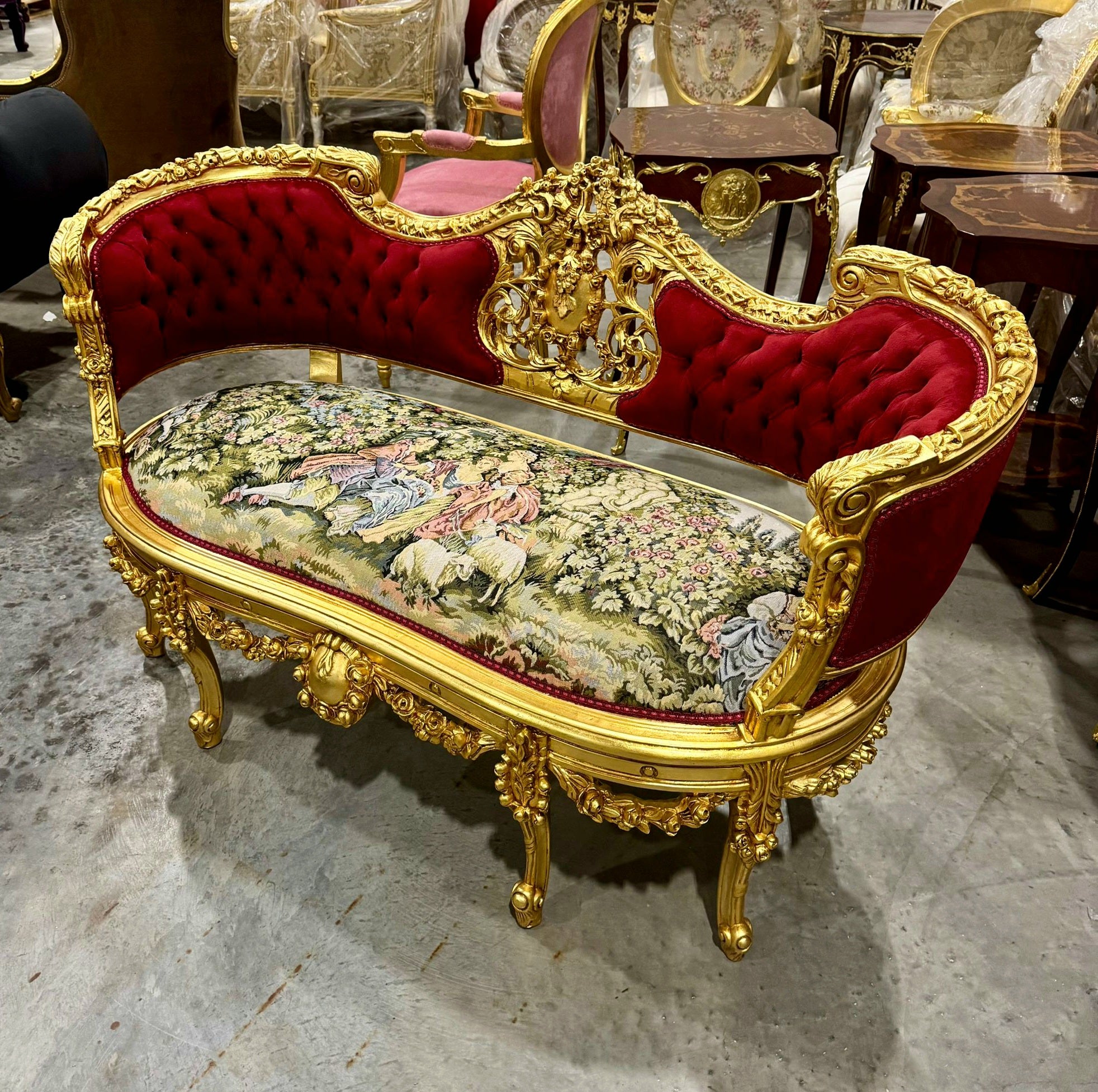 French Style Art Bench Settee – Red Velvet Upholstery & Gold Leaf Accents