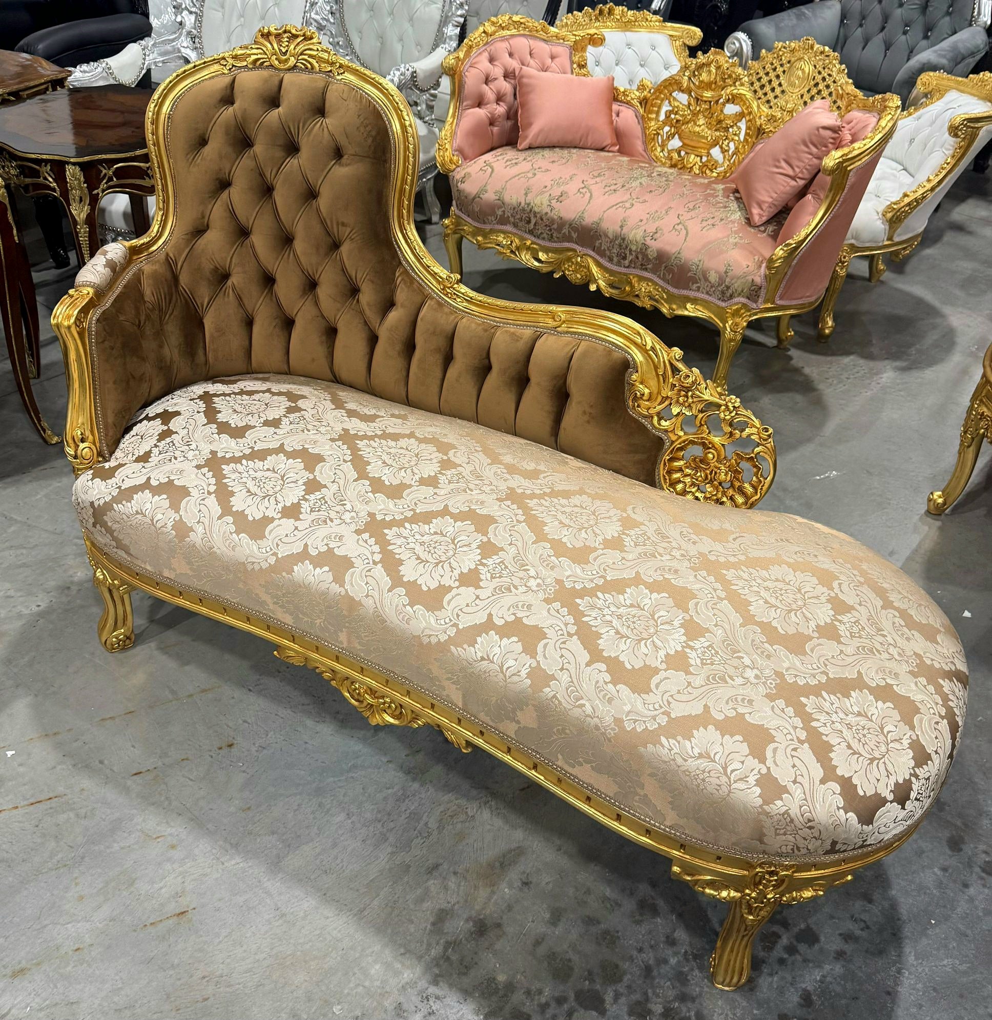 Chaise Lounge Furniture French Style Ligh Brown Velvet with Gold Details