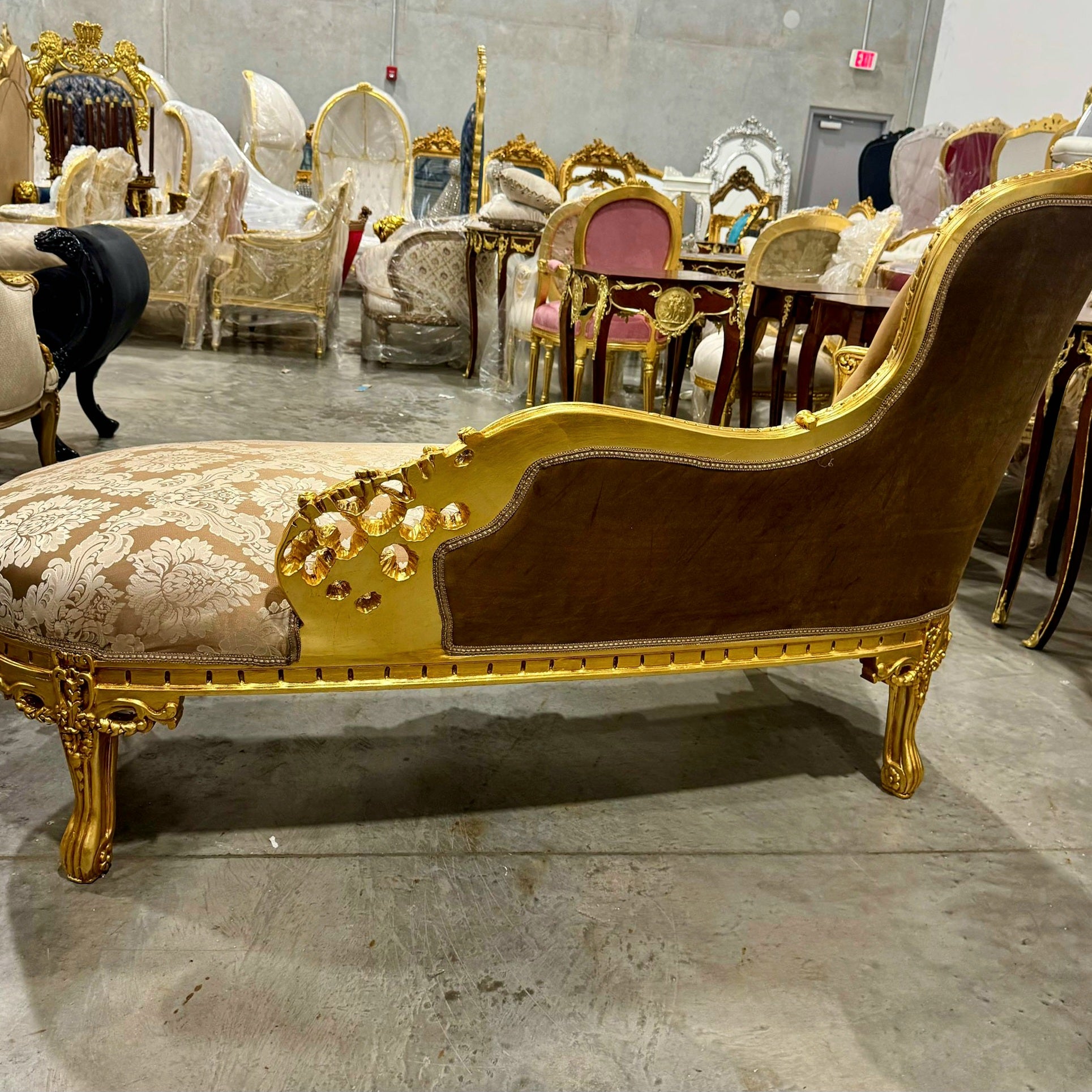 Chaise Lounge Furniture French Style Ligh Brown Velvet with Gold Details