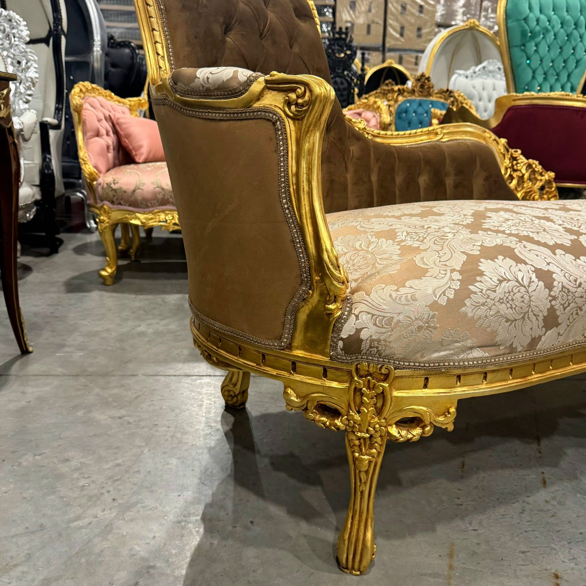 Chaise Lounge Furniture French Style Ligh Brown Velvet with Gold Details