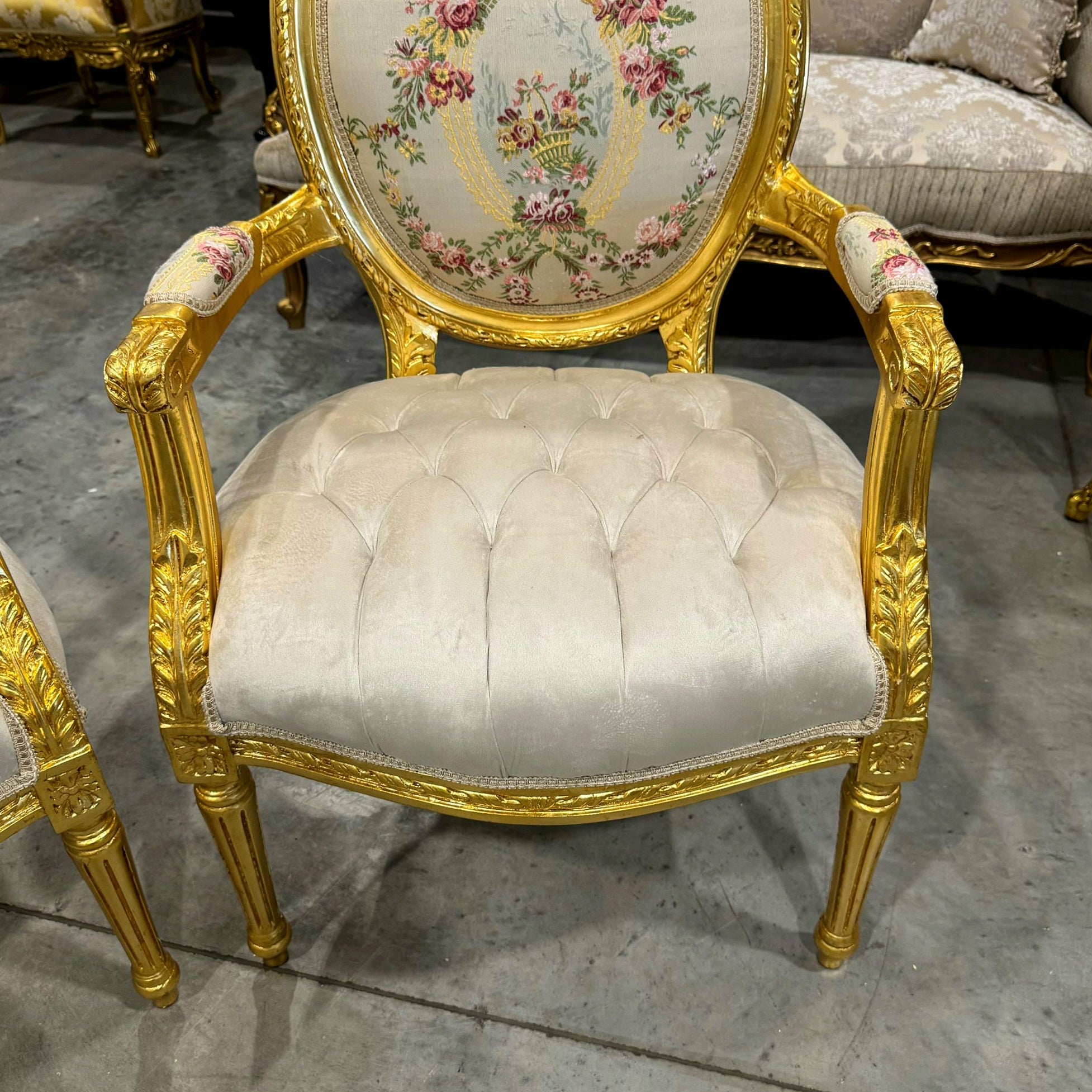 French Style White Velvet Chair with Gold Details Rococo Baroque