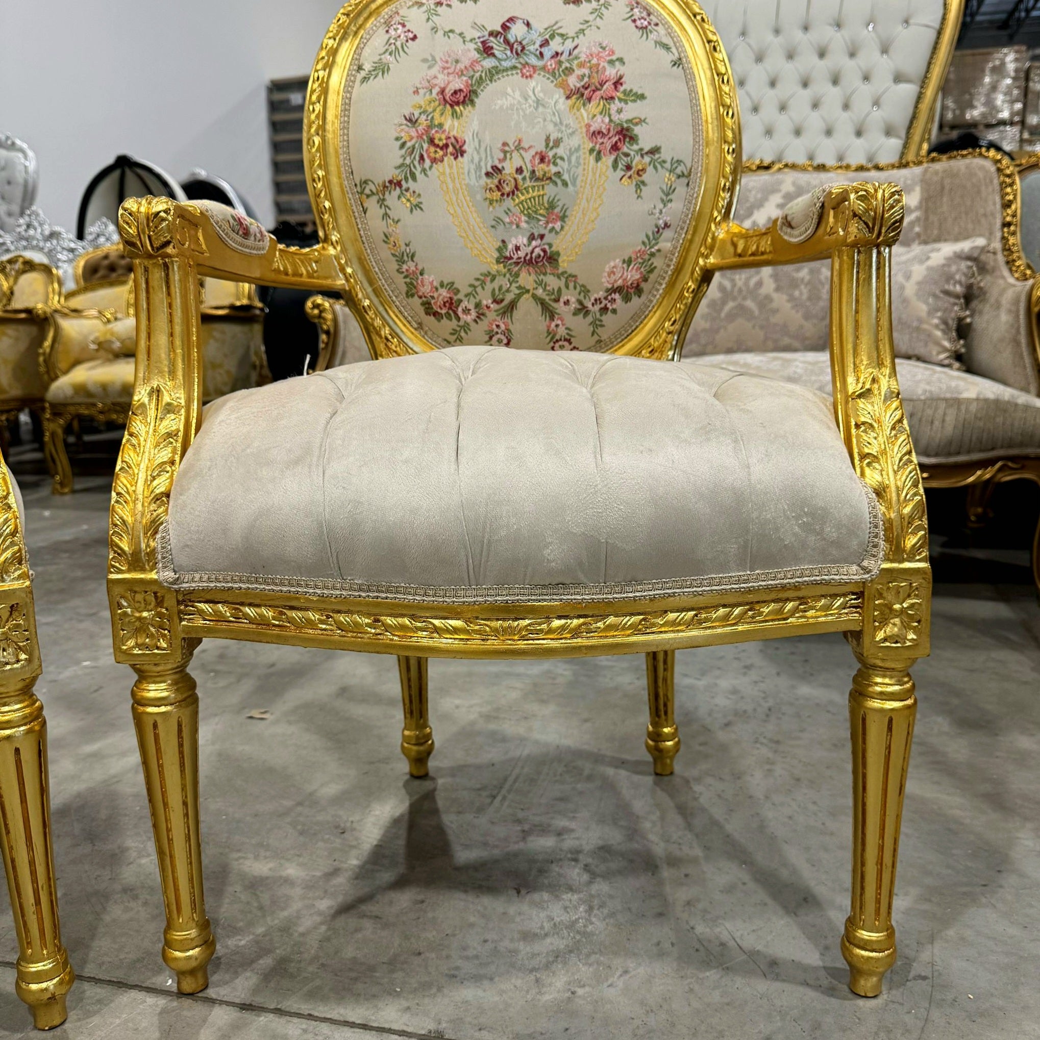 French Style White Velvet Chair with Gold Details Rococo Baroque