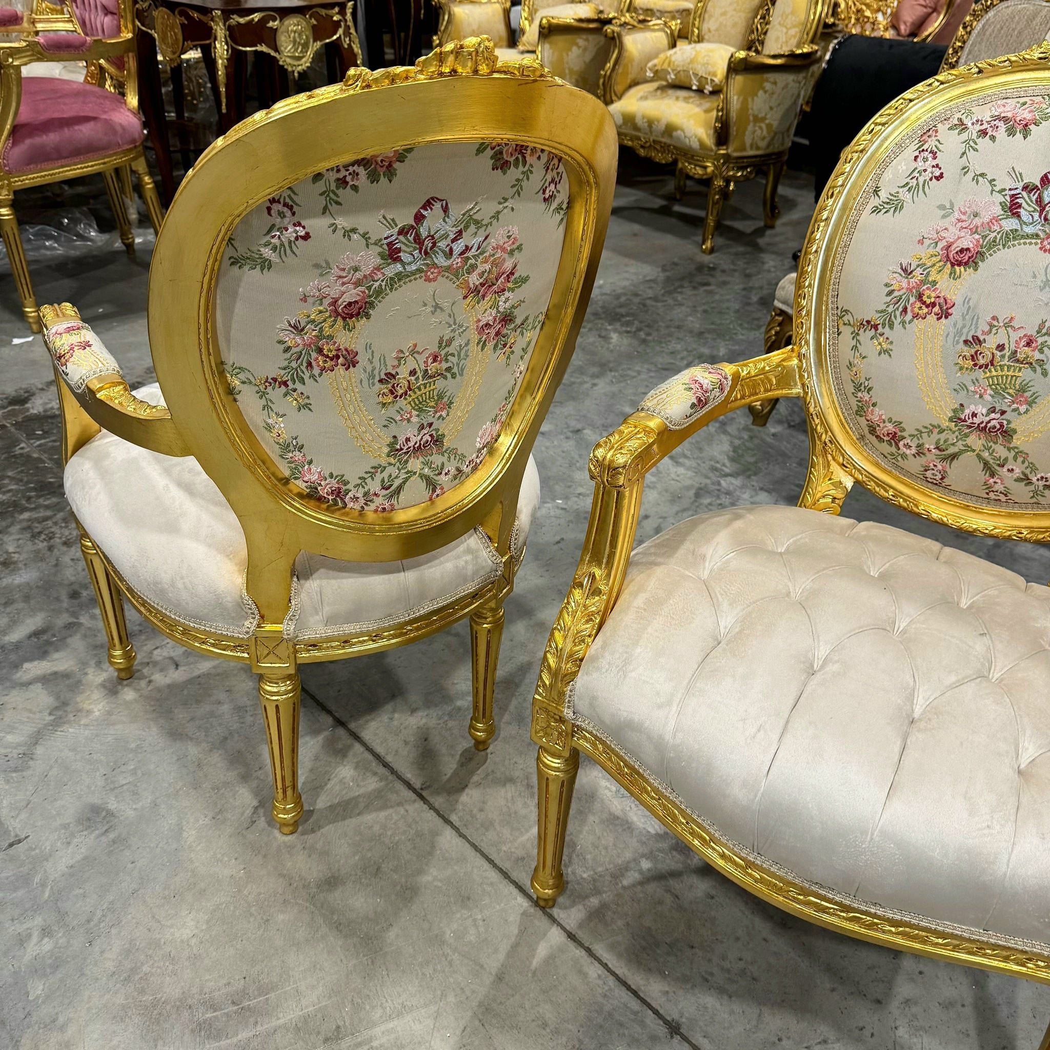 French Style White Velvet Chair with Gold Details Rococo Baroque