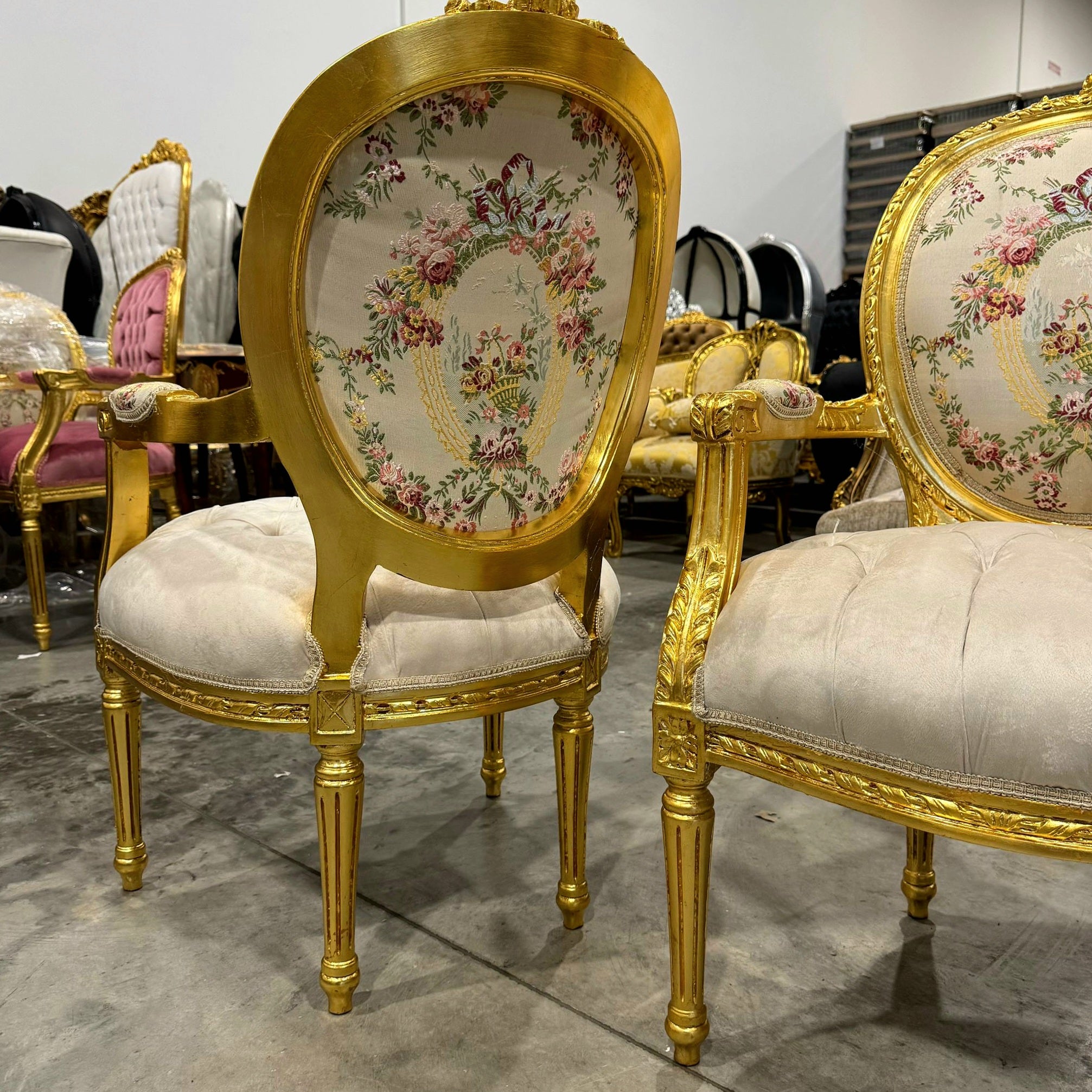 French Style White Velvet Chair with Gold Details Rococo Baroque